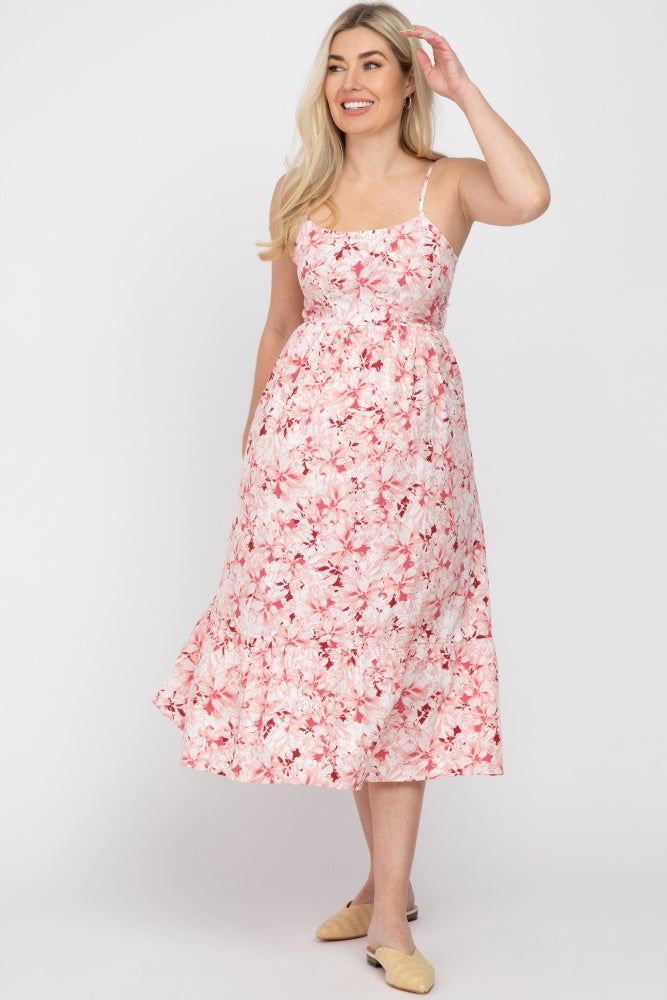 Pink Floral Sleeveless Ruffle Hem Maternity Midi Dress sold by Pinkblush