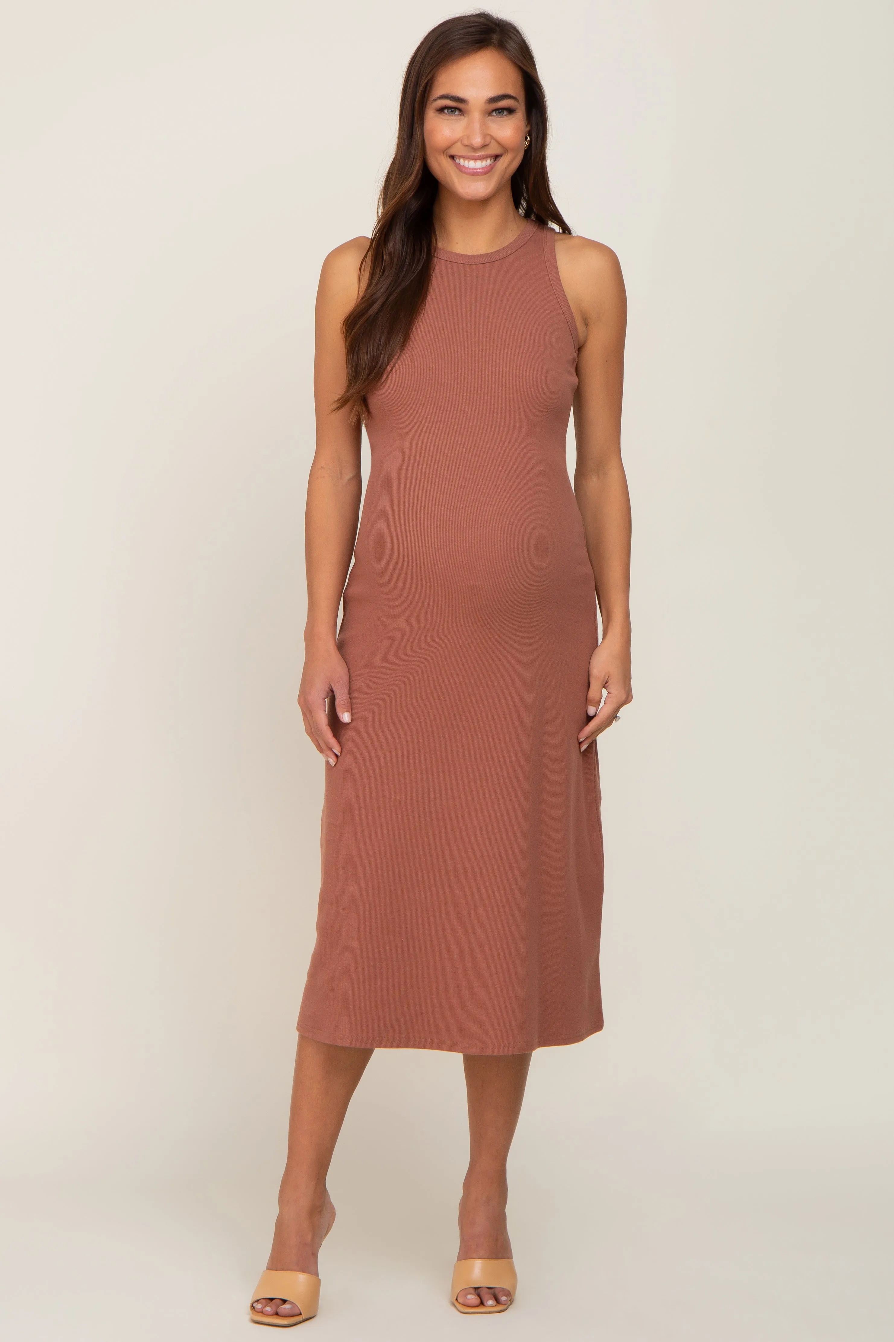 Rust Ribbed Sleeveless A-Line Maternity Midi Dress sold by Pinkblush product image thumbnail 4