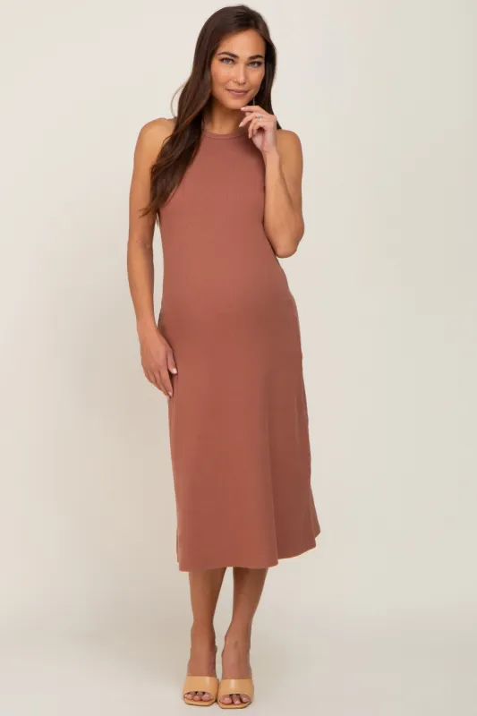 Rust Ribbed Sleeveless A-Line Maternity Midi Dress sold by Pinkblush
