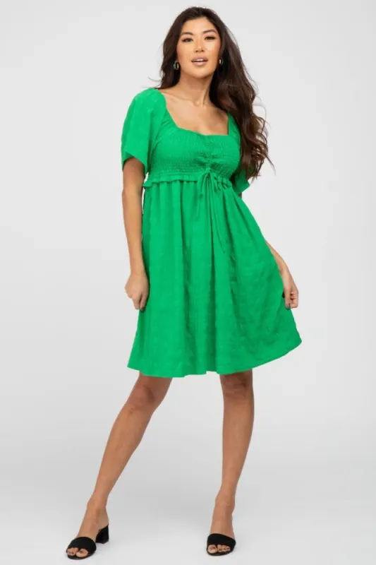 Green Smocked Ruched Tie Front Dress sold by Pinkblush