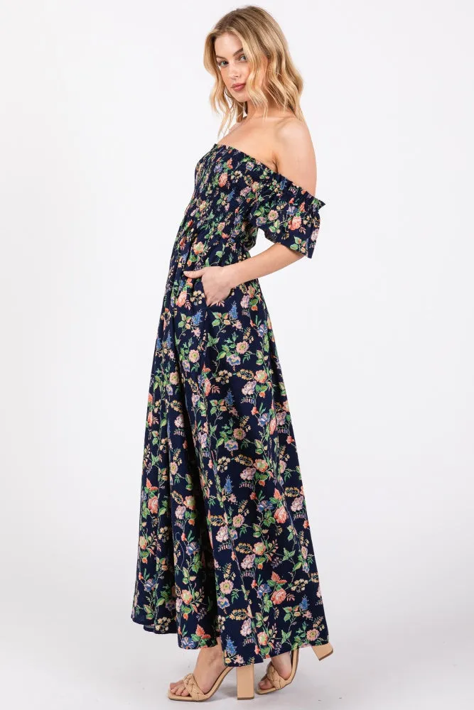 Navy Blue Floral Off Shoulder Dress sold by Pinkblush product image thumbnail 2