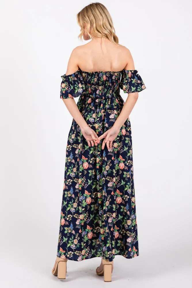 Navy Blue Floral Off Shoulder Dress sold by Pinkblush product image thumbnail 3