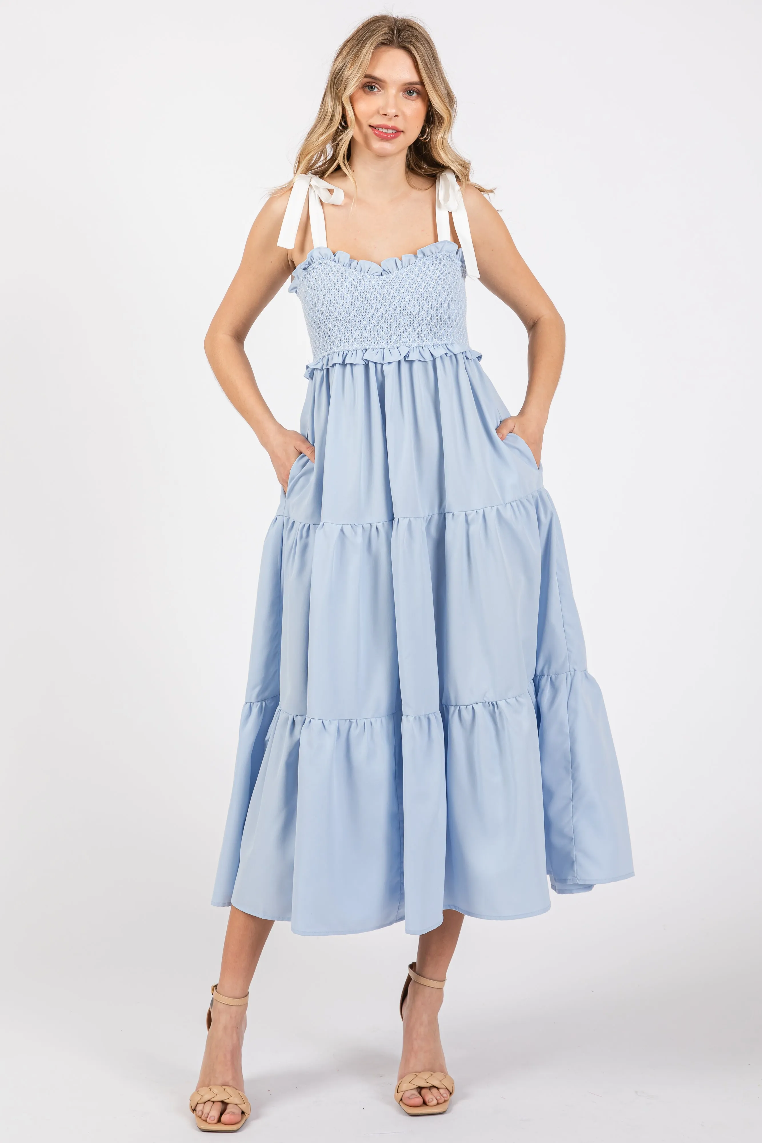 Light Blue Sleeveless Tiered Colorblock Strap Maxi Dress sold by Pinkblush product image thumbnail 3