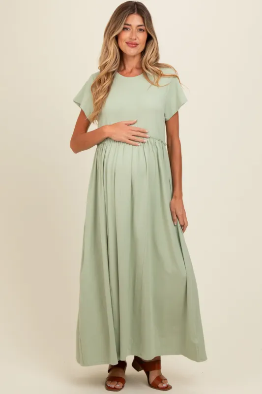 Light Olive Ruffle Trim Maternity Maxi Dress sold by Pinkblush