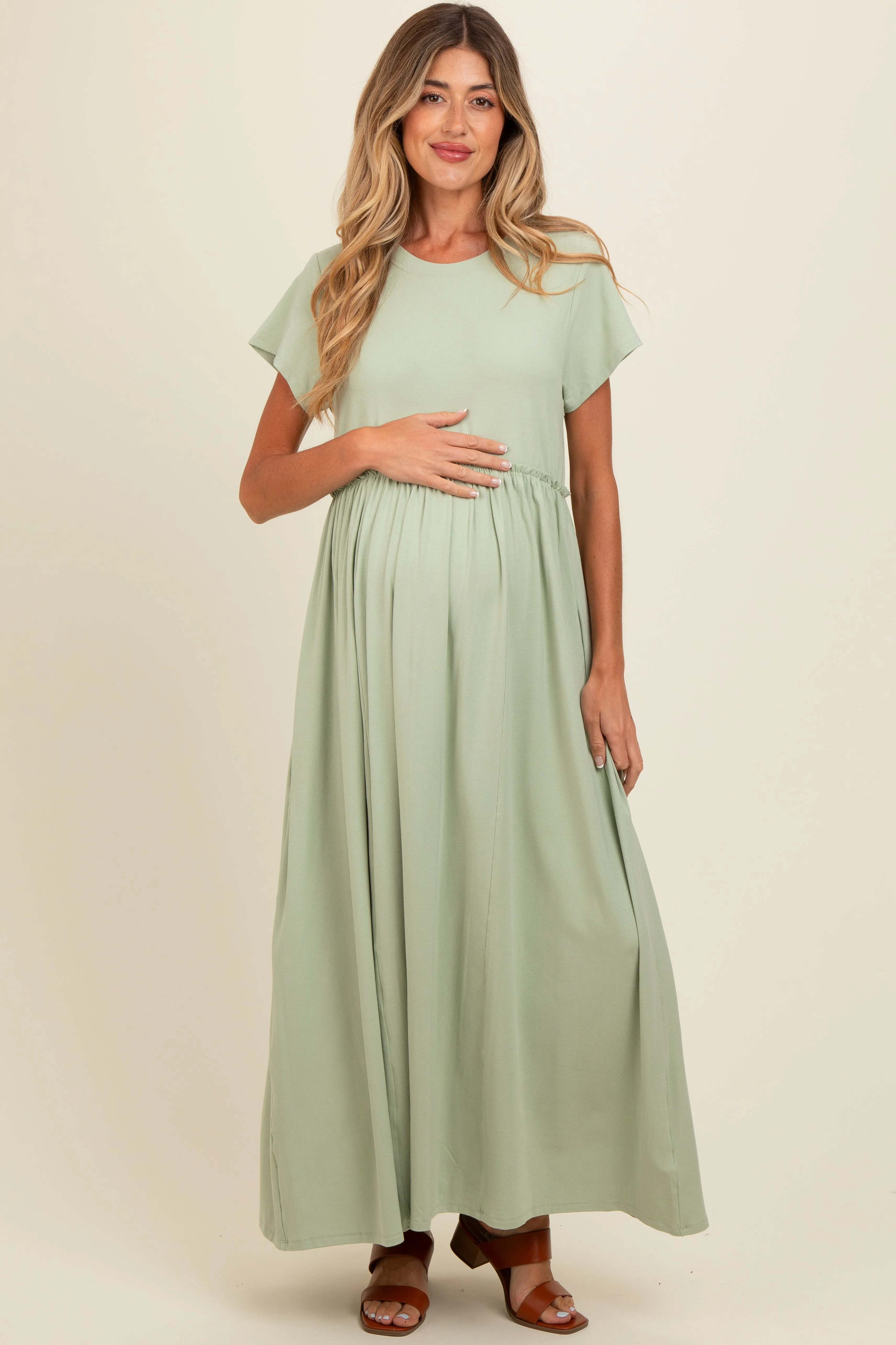 Light Olive Ruffle Trim Maternity Maxi Dress sold by Pinkblush