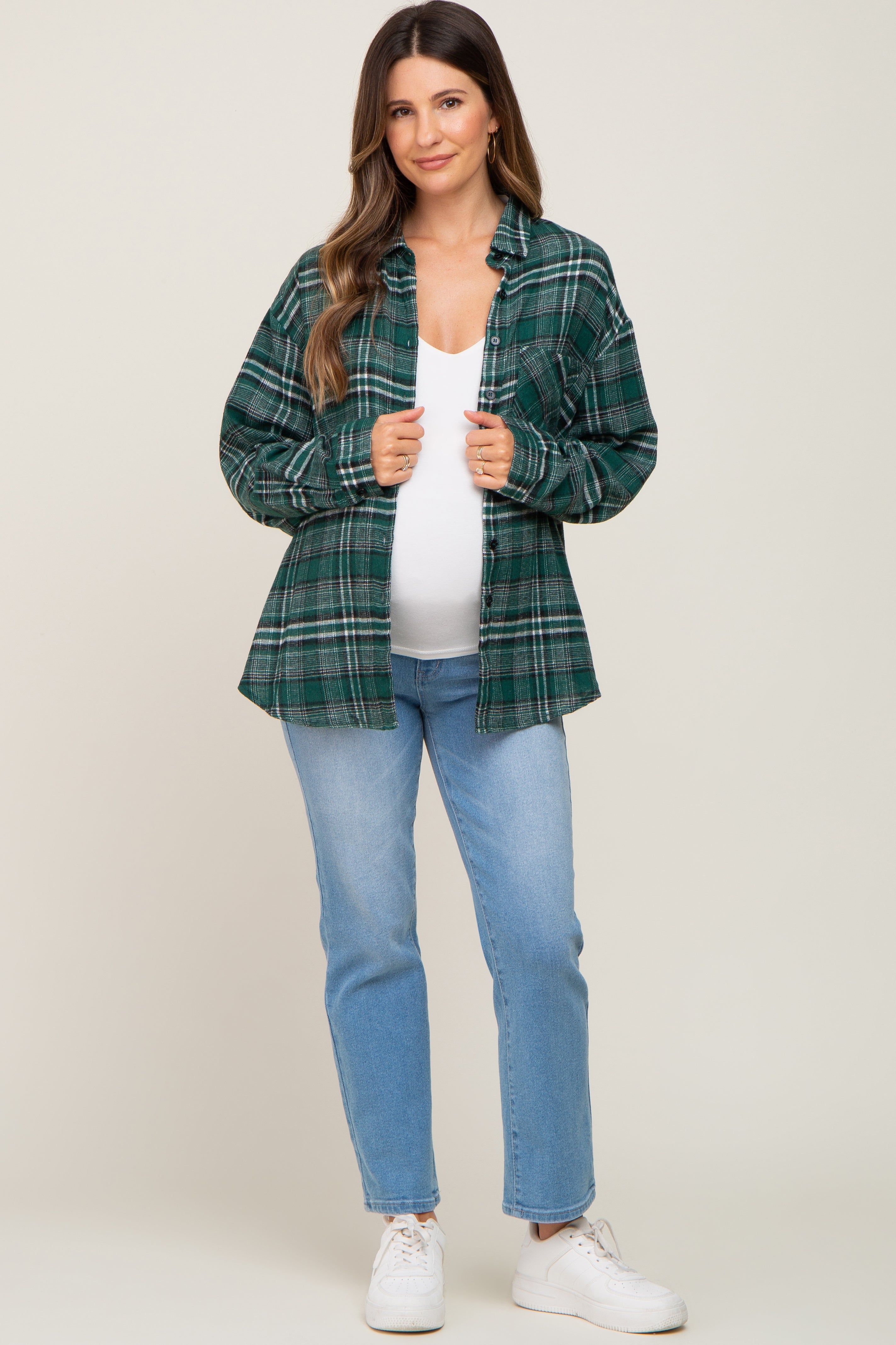 Green Plaid Button Down Maternity Top sold by Pinkblush