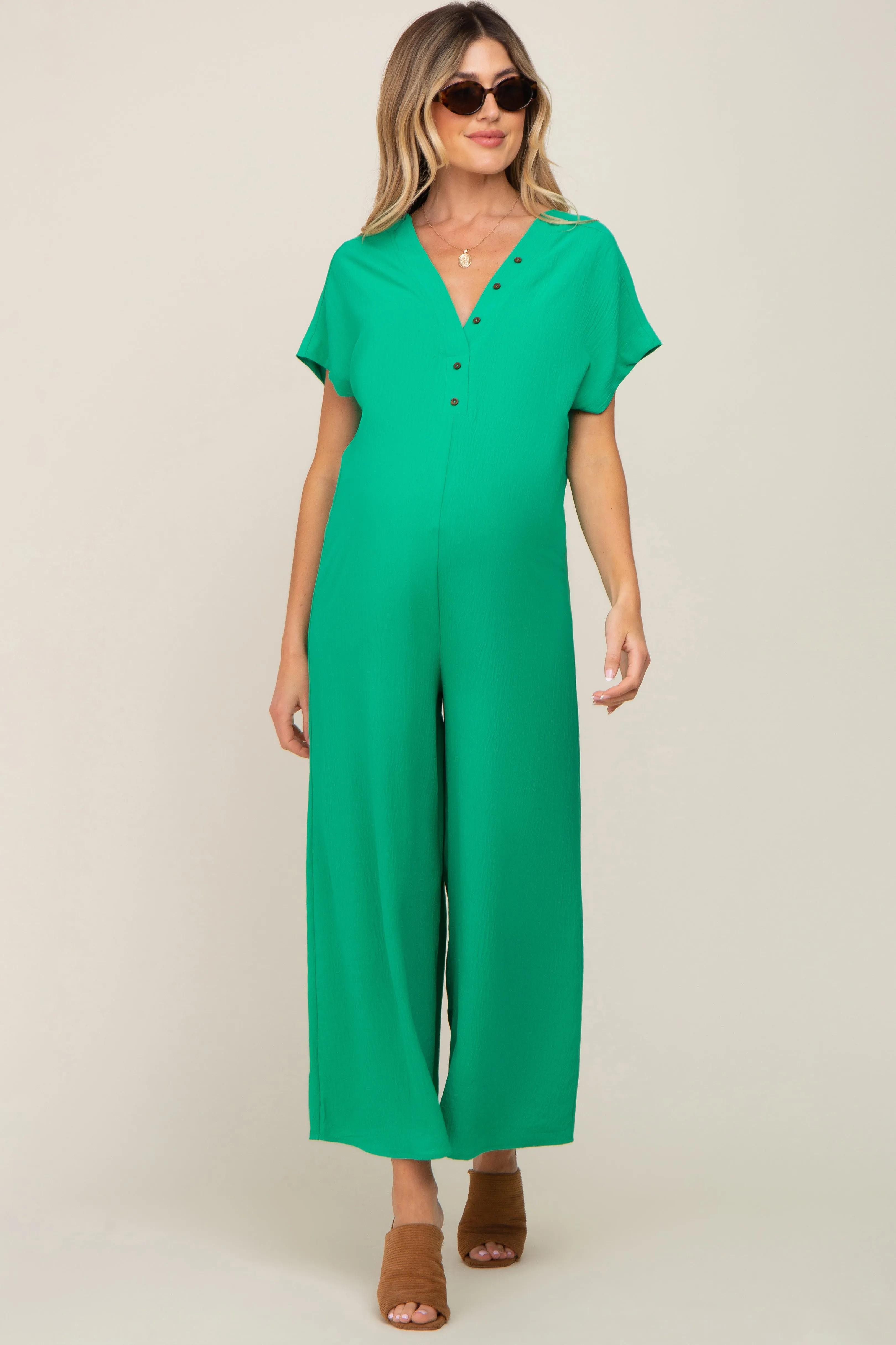 Green Front Button Accent Maternity Jumpsuit sold by Pinkblush