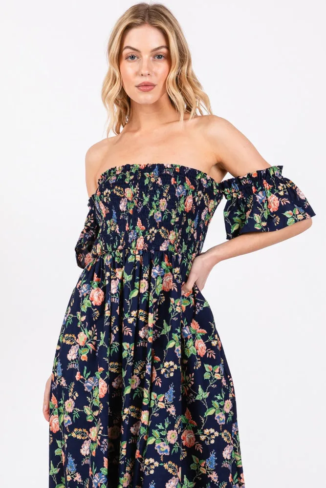 Navy Blue Floral Off Shoulder Dress sold by Pinkblush product image thumbnail 4