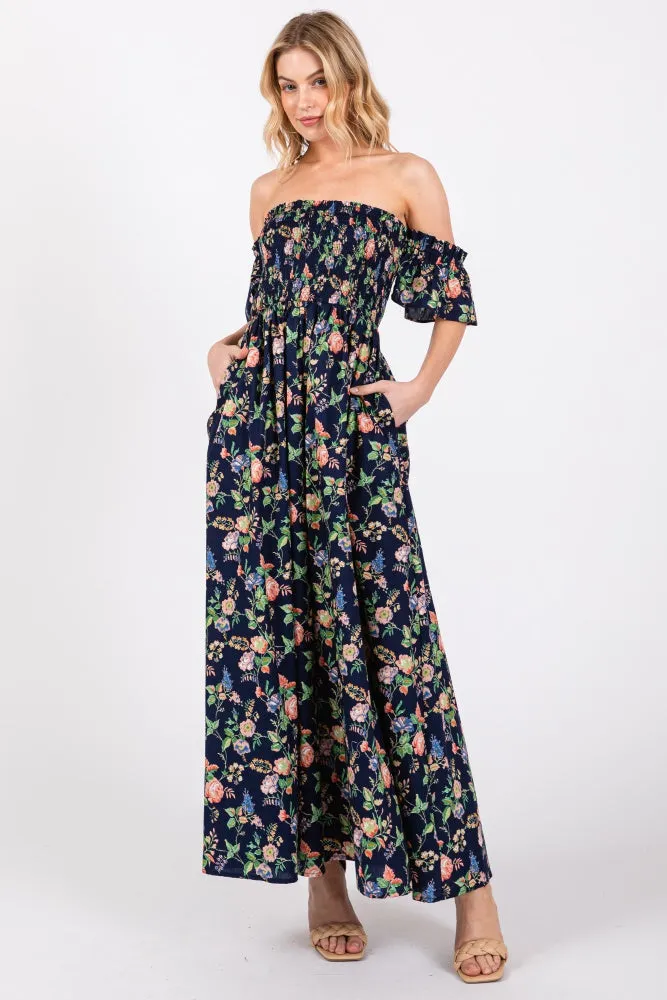 Navy Blue Floral Off Shoulder Dress sold by Pinkblush