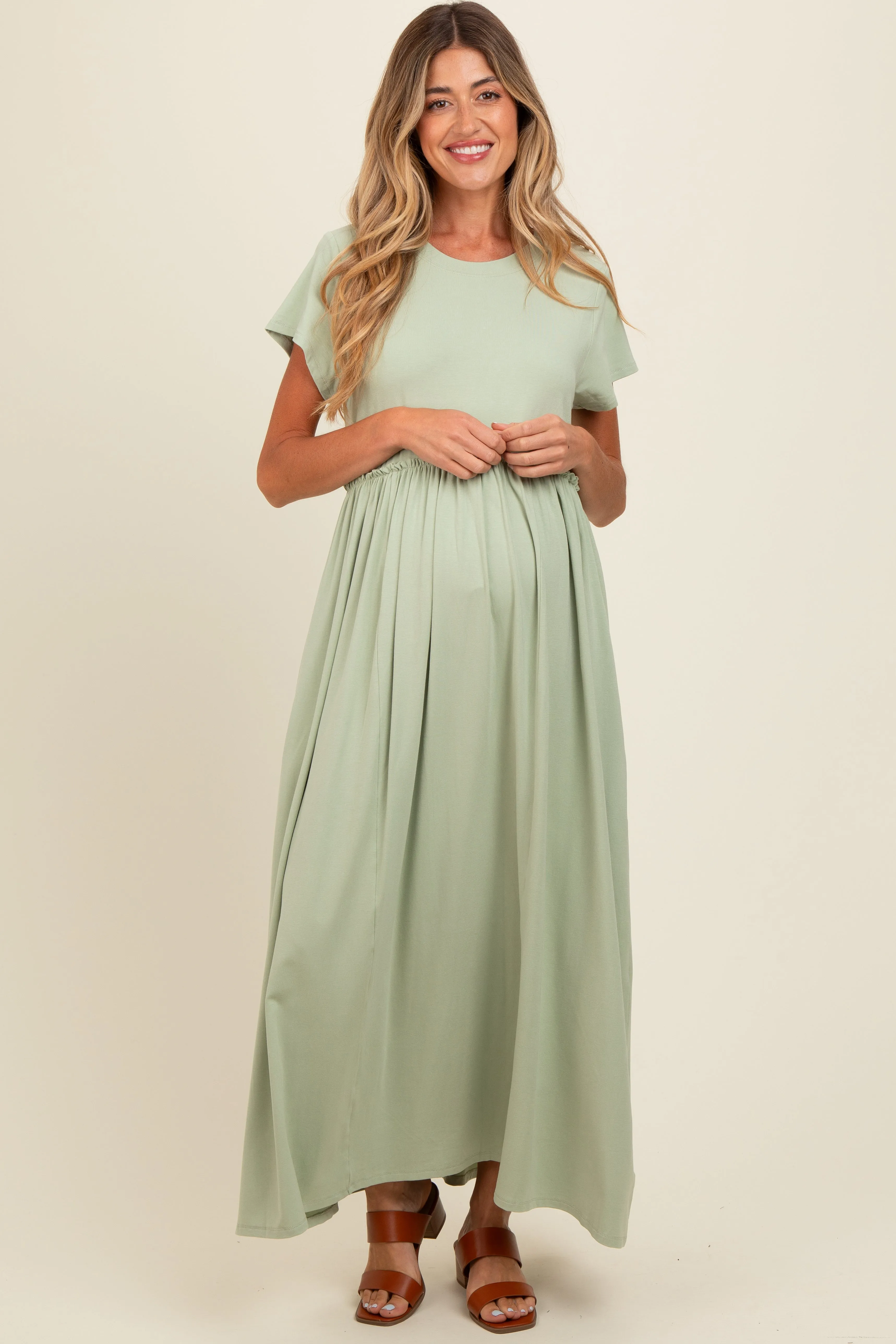 Light Olive Ruffle Trim Maternity Maxi Dress sold by Pinkblush product image thumbnail 2