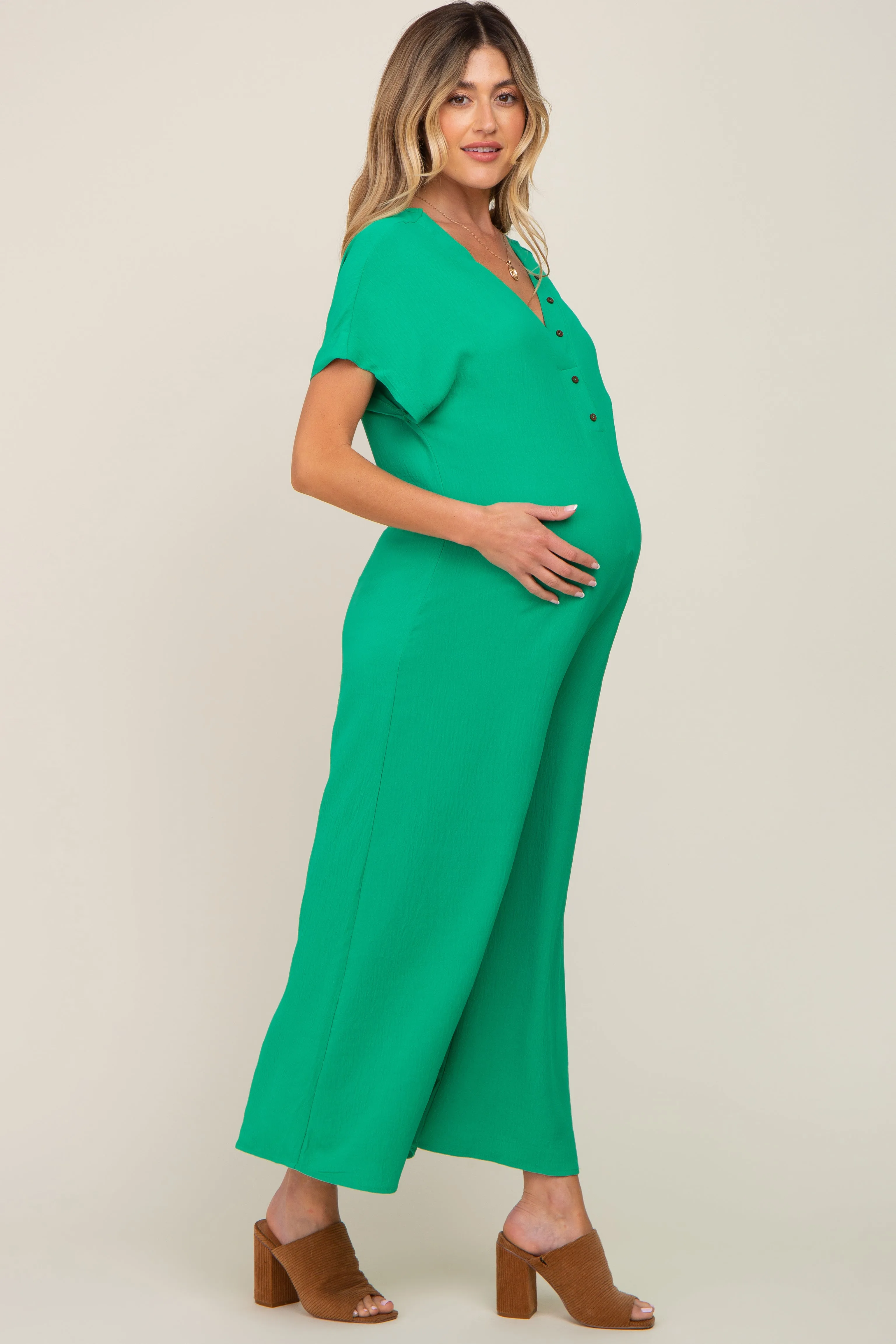 Green Front Button Accent Maternity Jumpsuit sold by Pinkblush product image thumbnail 2