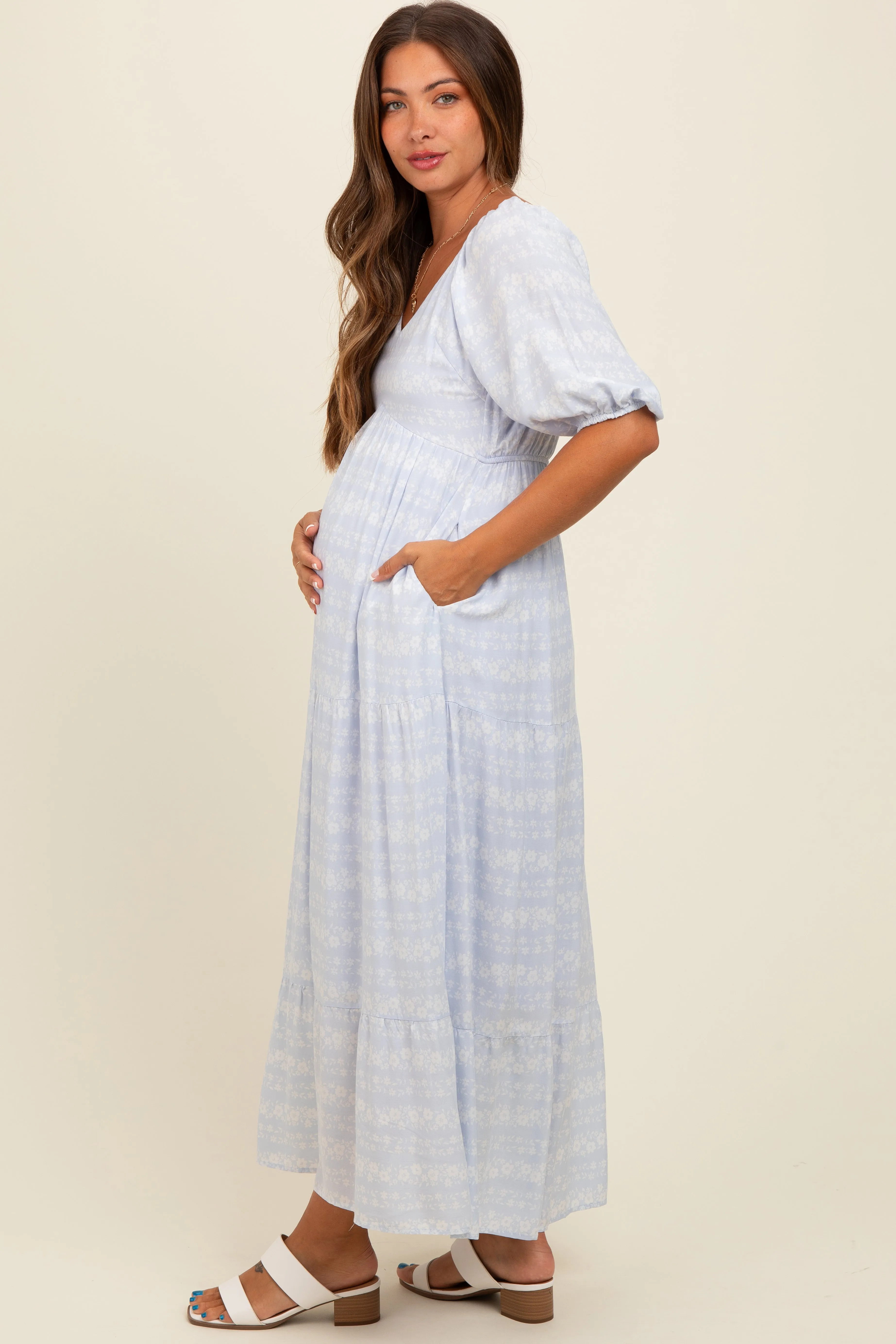 Light Blue Floral Tiered Maternity Maxi Dress sold by Pinkblush product image thumbnail 3