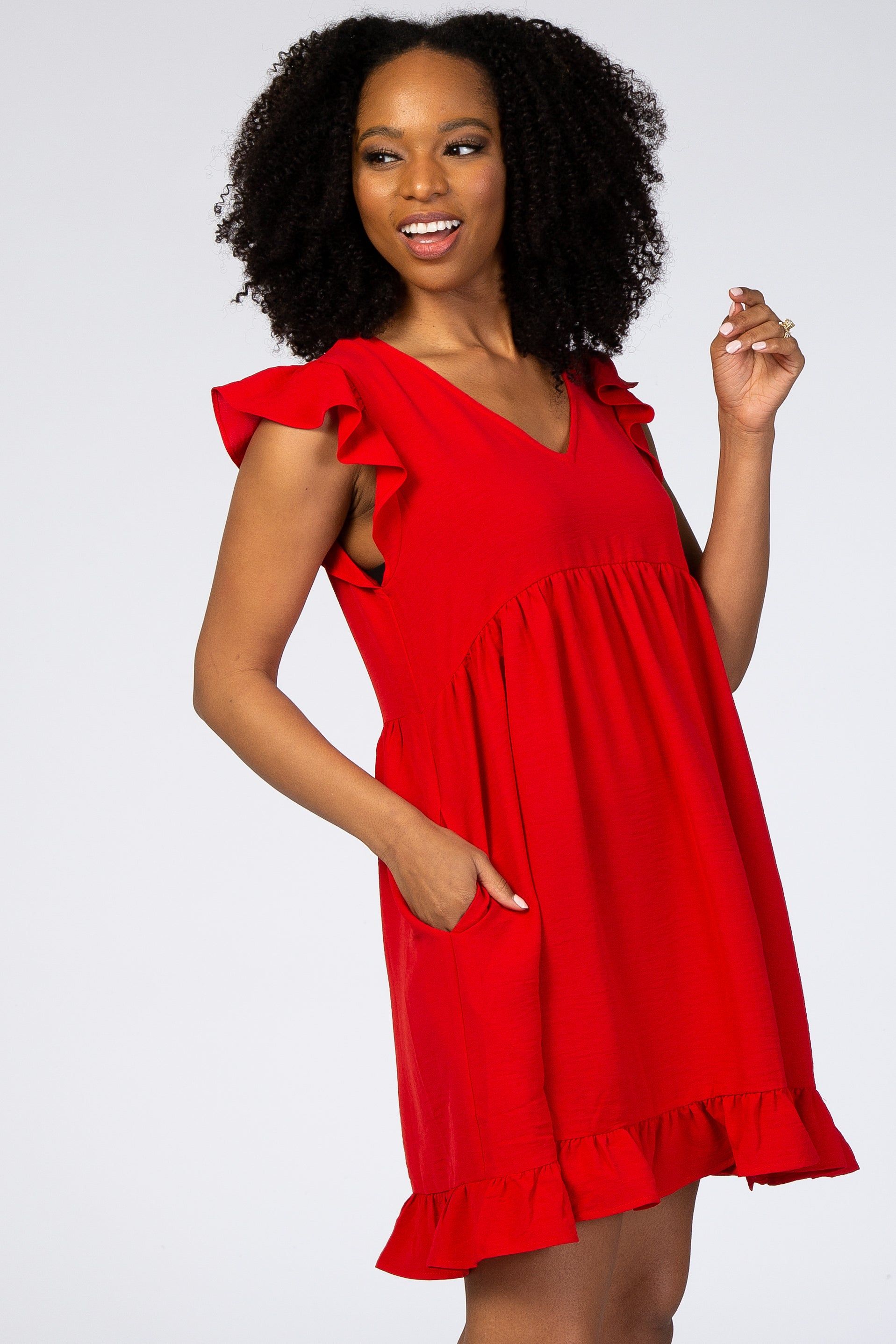 Red Ruffle Hem V-Neck Dress sold by Pinkblush product image thumbnail 2