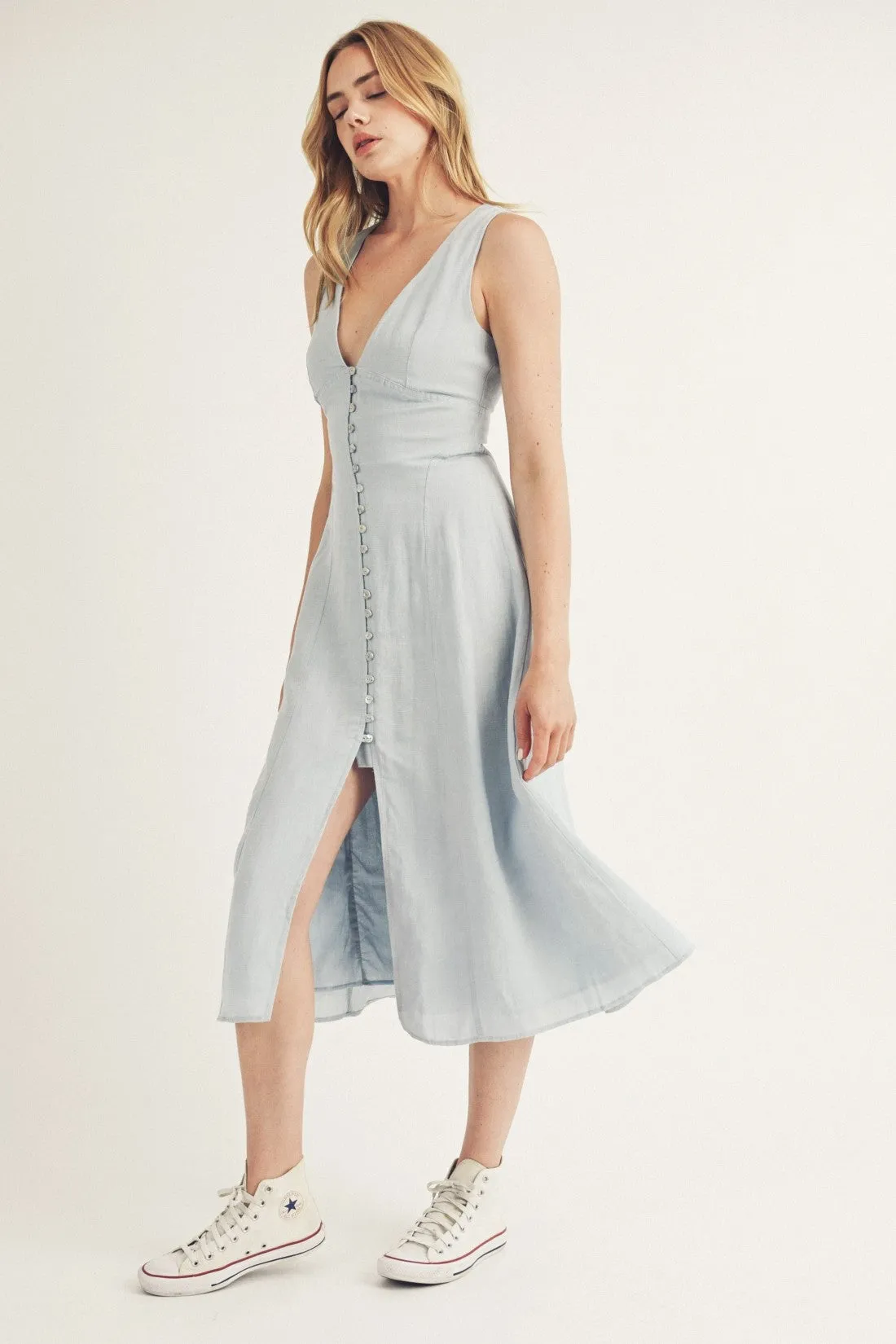 Blue Monochromatic Chambray A Line Midi Dress sold by Pinkblush product image thumbnail 4
