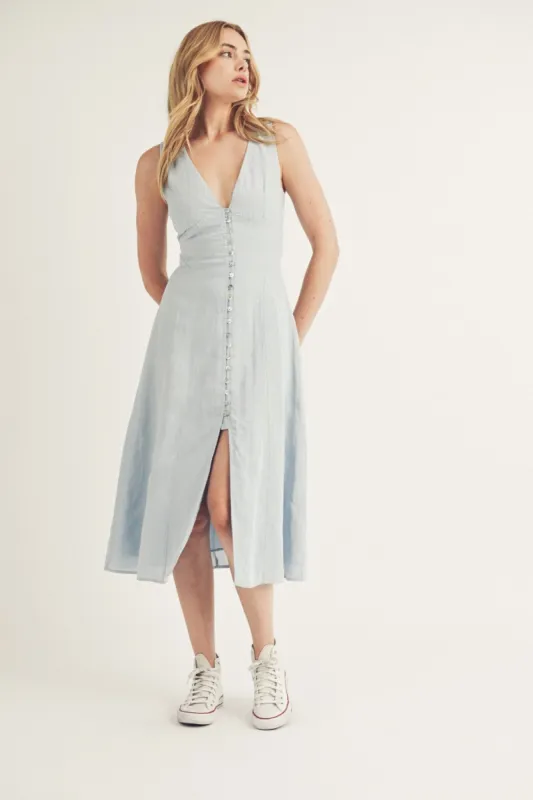 Blue Monochromatic Chambray A Line Midi Dress sold by Pinkblush