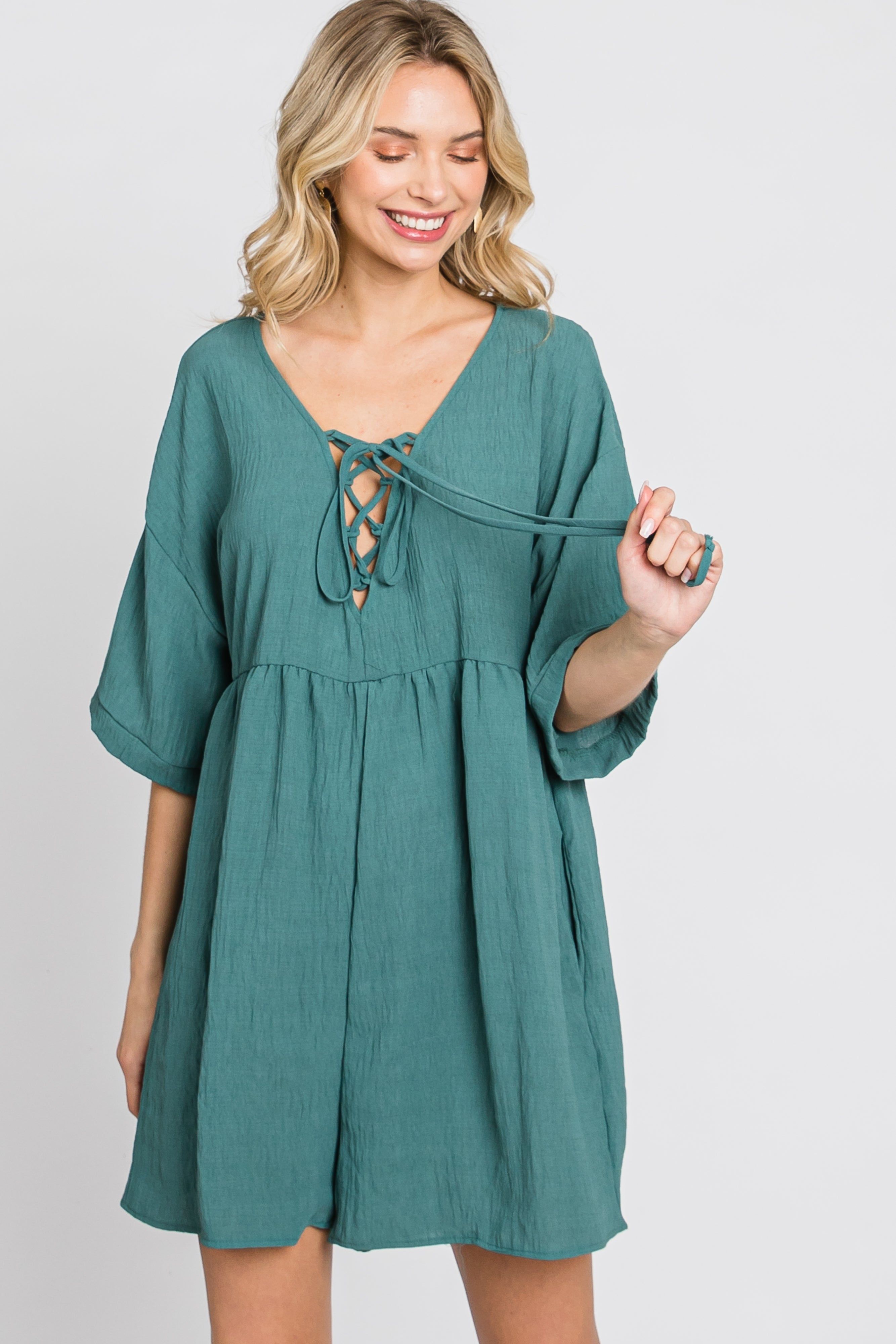 Teal Lace Up Romper sold by Pinkblush