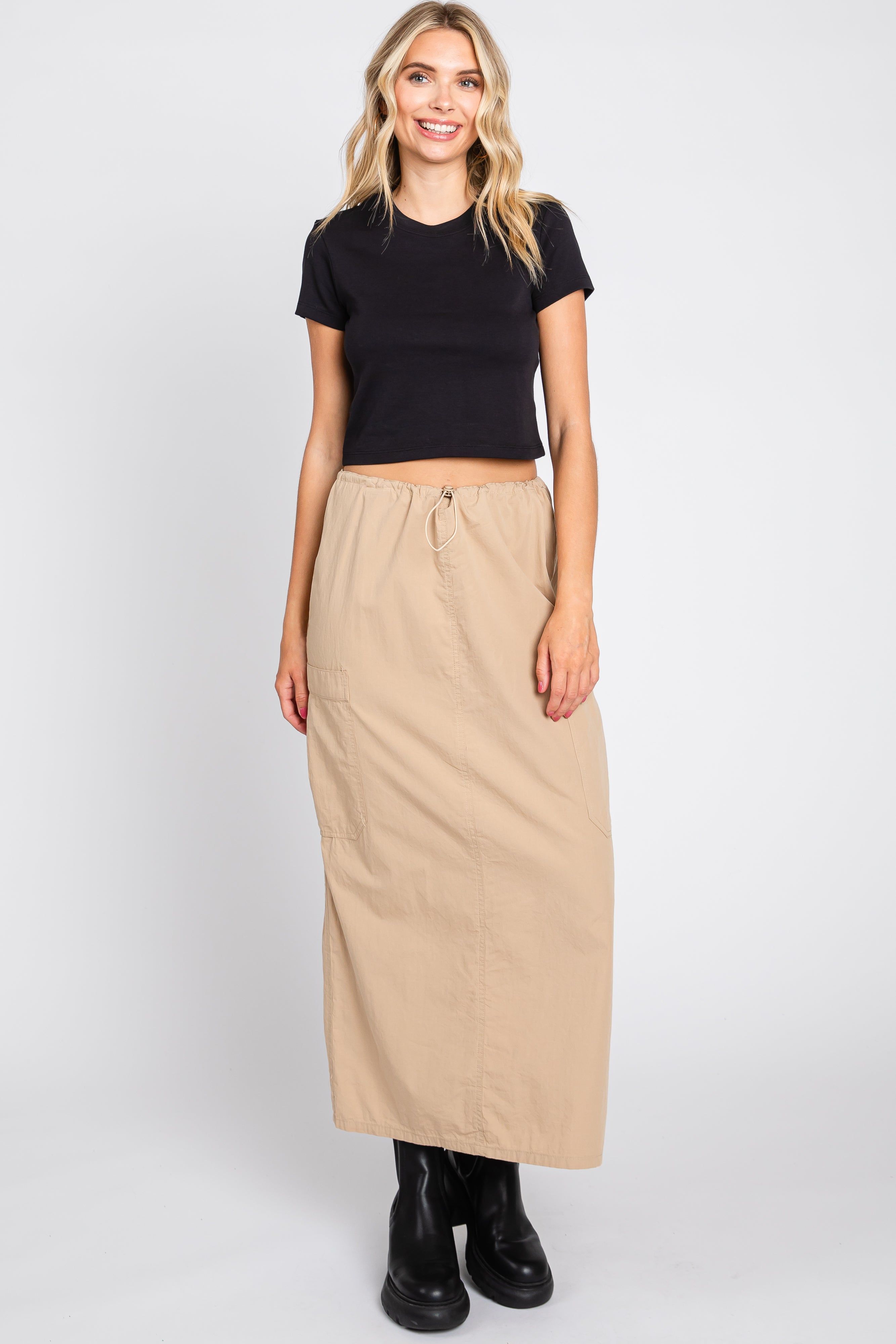 Light Taupe Drawstring Pocket Maternity Maxi Skirt sold by Pinkblush product image thumbnail 6