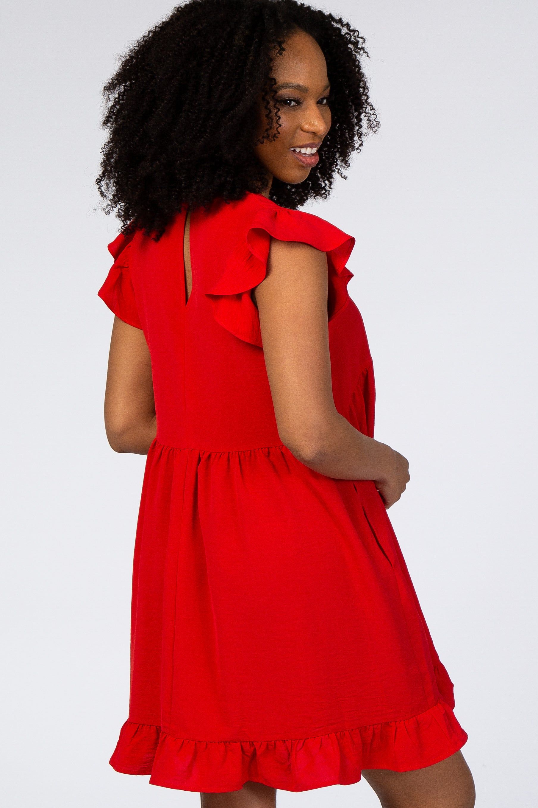 Red Ruffle Hem V-Neck Dress sold by Pinkblush product image thumbnail 3