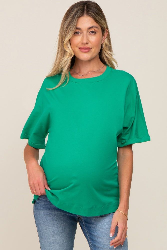 Green Oversized Rolled Short Sleeve Maternity Top sold by Pinkblush