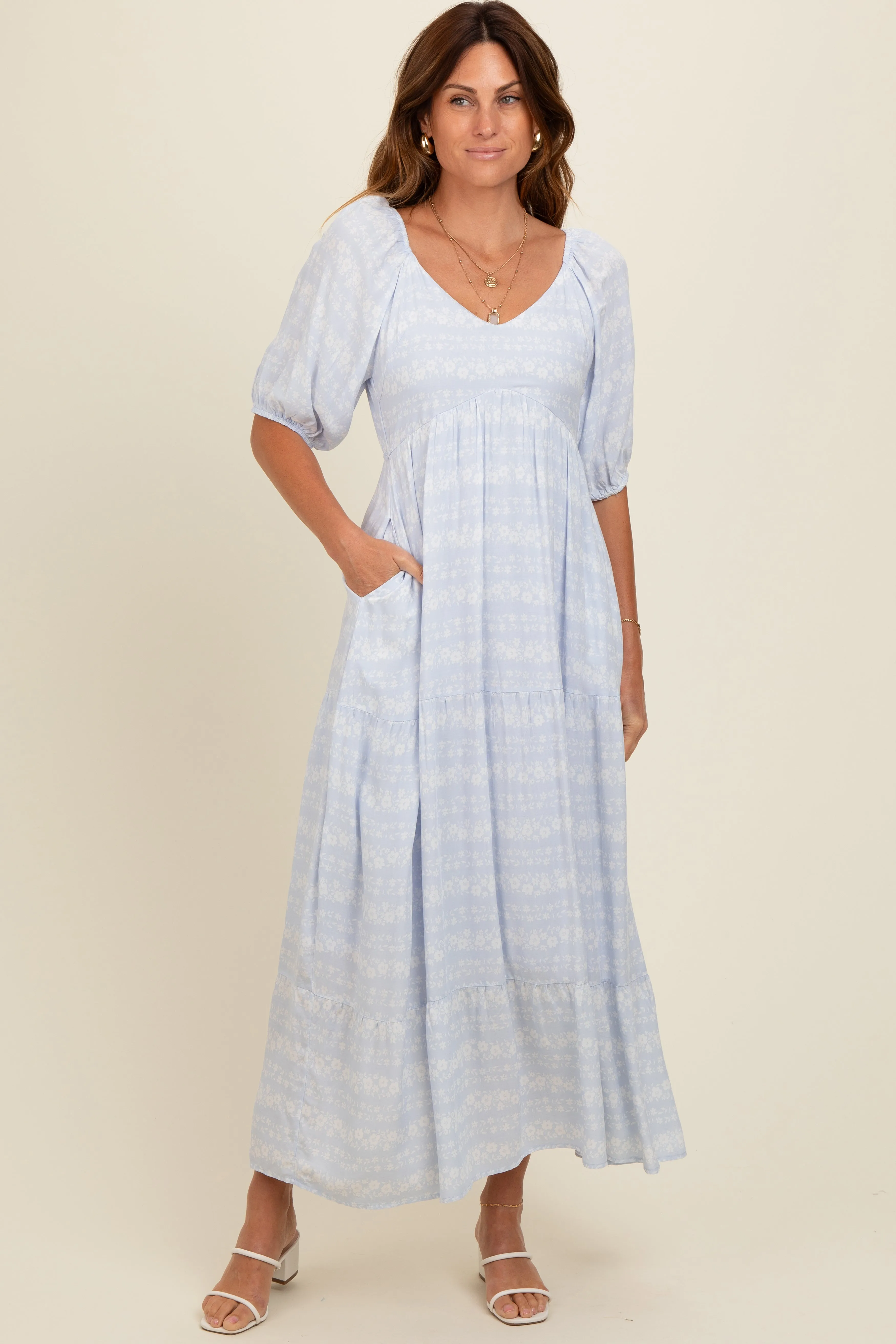 Light Blue Floral Tiered Maternity Maxi Dress sold by Pinkblush product image thumbnail 5