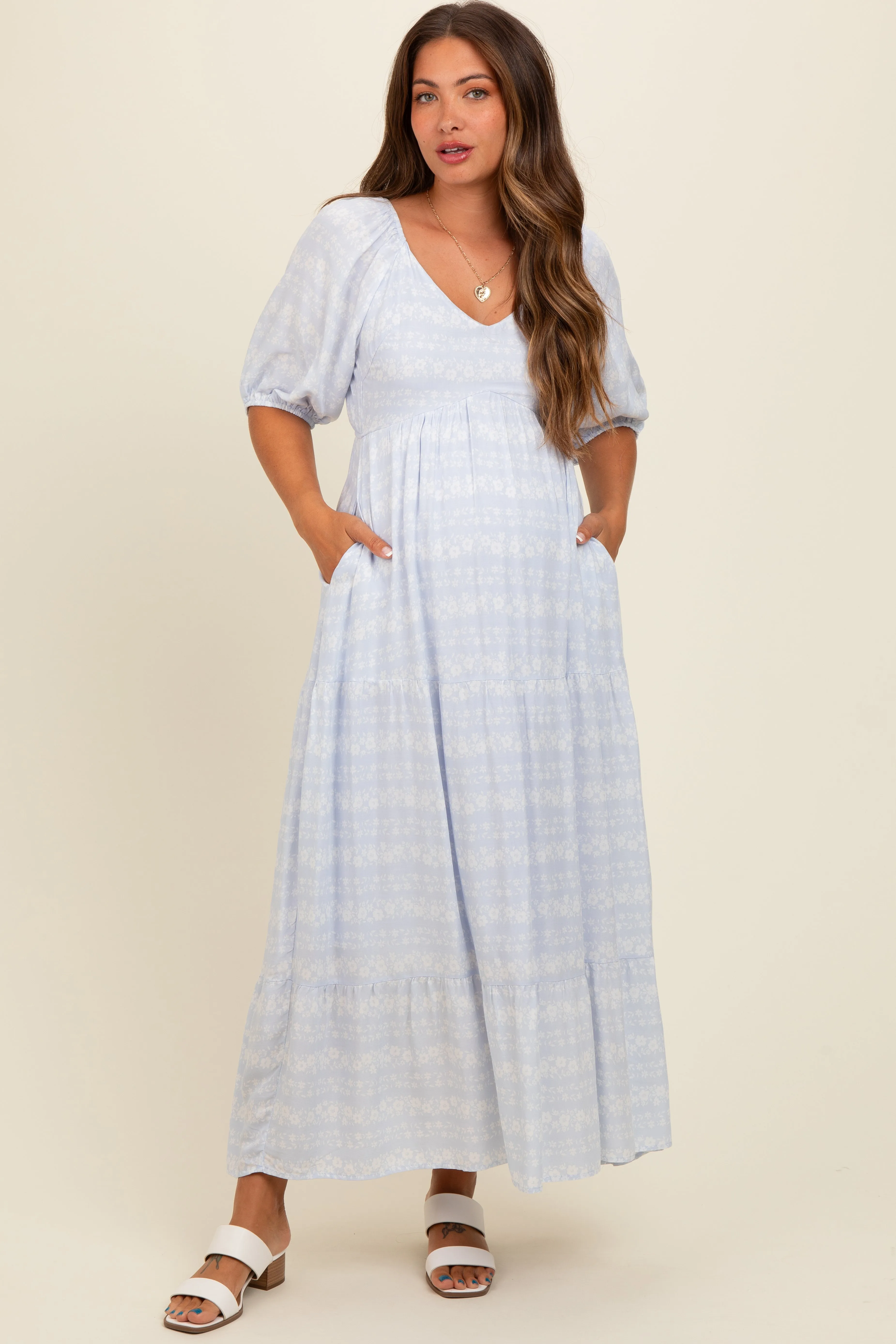 Light Blue Floral Tiered Maternity Maxi Dress sold by Pinkblush product image thumbnail 2