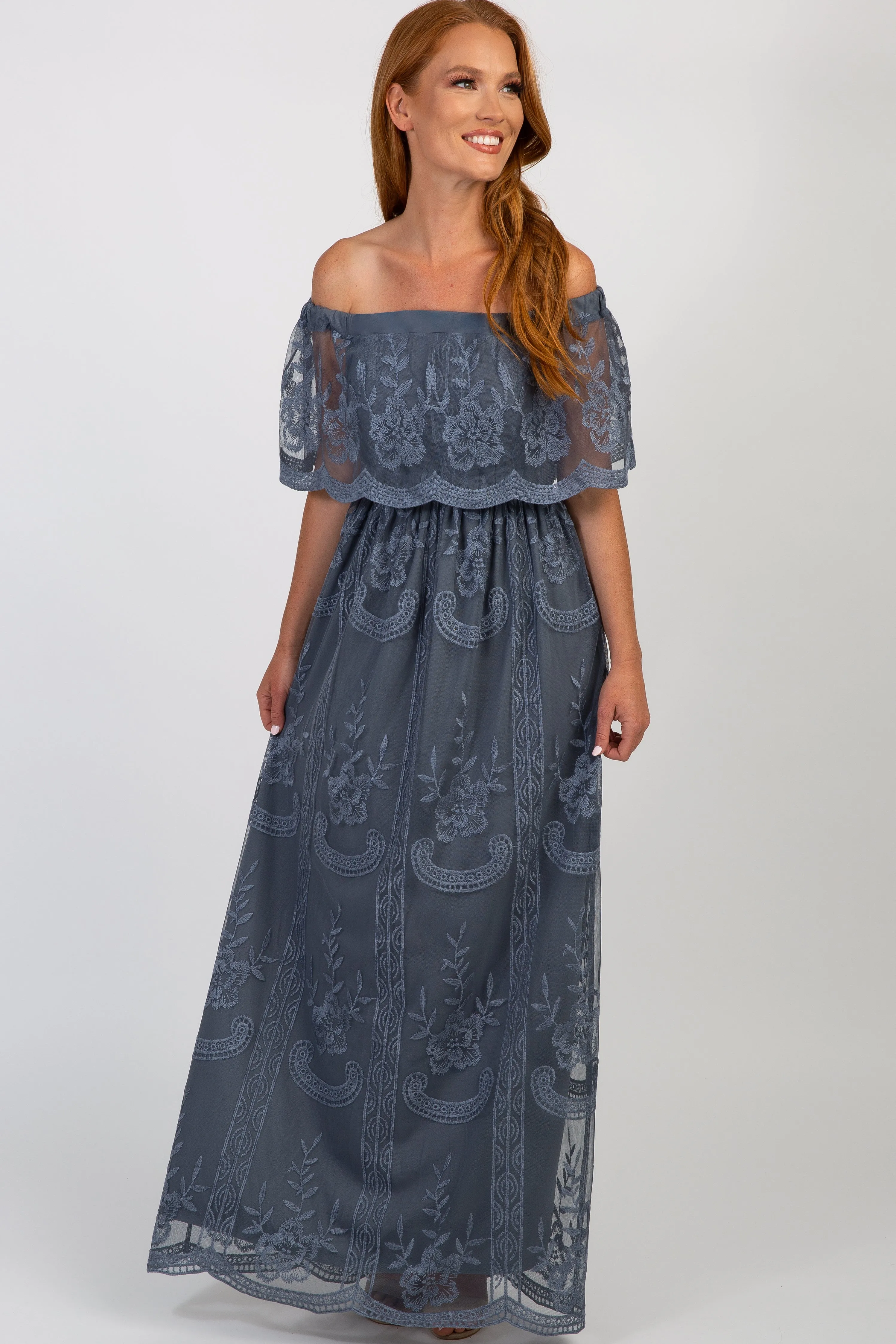 Blue Lace Mesh Overlay Off Shoulder Maternity Maxi Dress sold by Pinkblush product image thumbnail 4