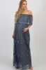 Blue Lace Mesh Overlay Off Shoulder Maternity Maxi Dress sold by Pinkblush