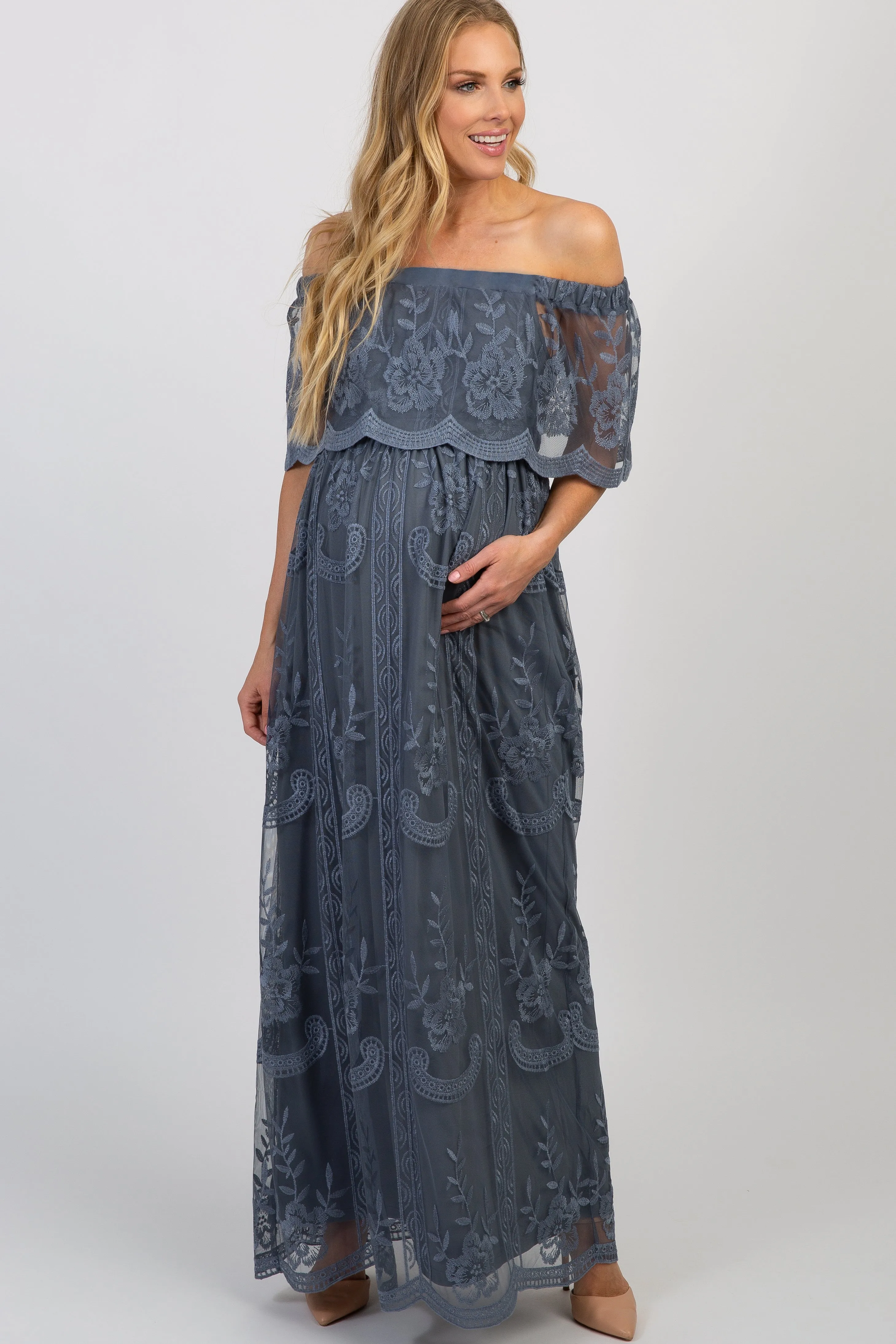 Blue Lace Mesh Overlay Off Shoulder Maternity Maxi Dress sold by Pinkblush