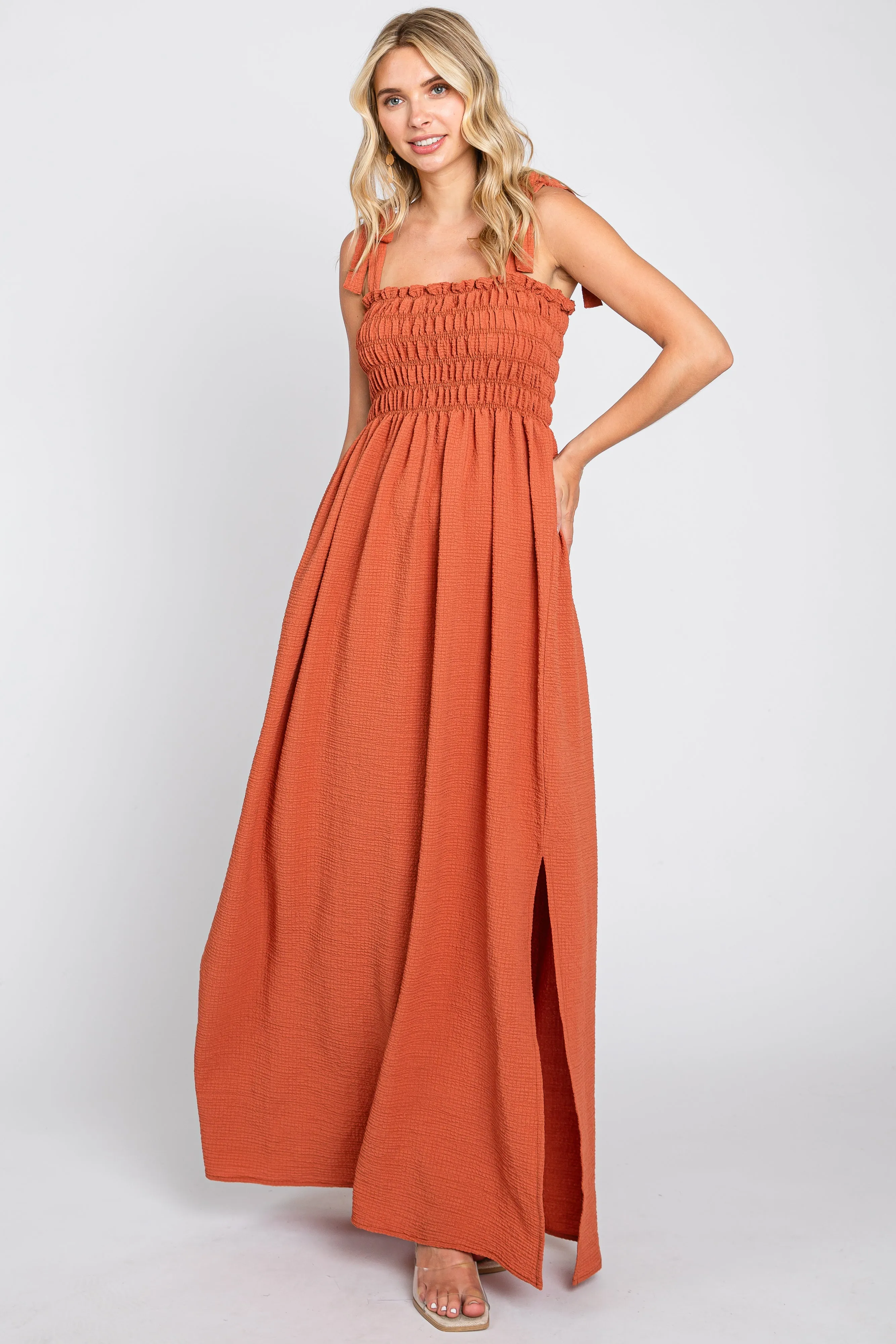 Rust Textured Smocked Shoulder Tie Maxi Dress sold by Pinkblush