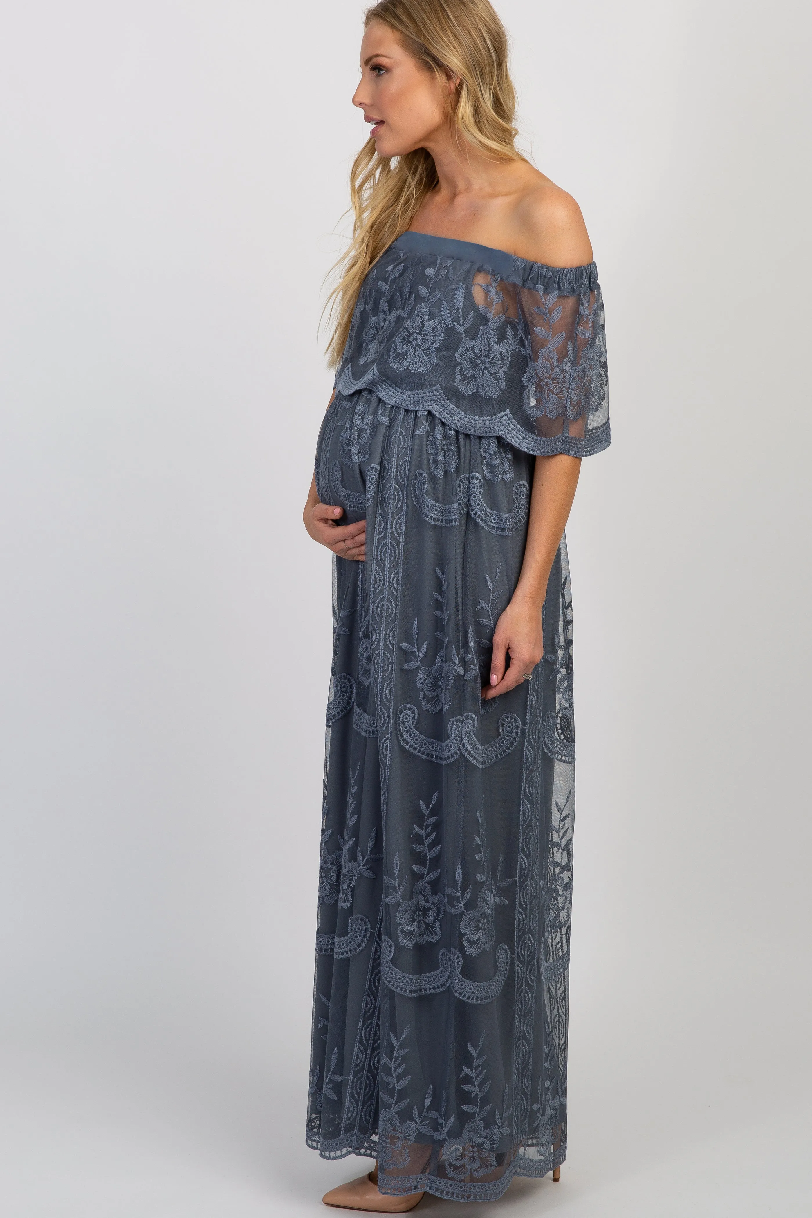 Blue Lace Mesh Overlay Off Shoulder Maternity Maxi Dress sold by Pinkblush product image thumbnail 2