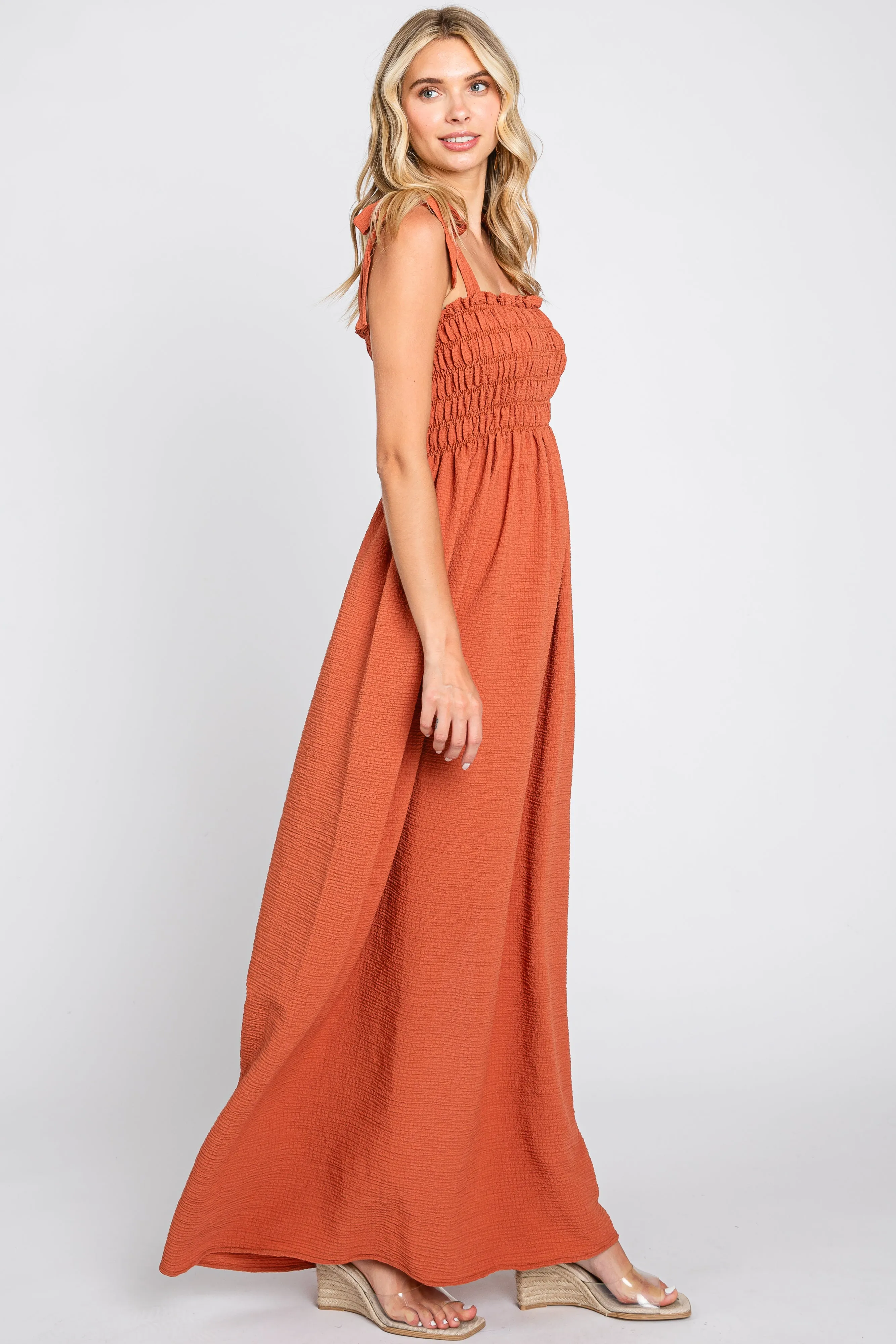 Rust Textured Smocked Shoulder Tie Maxi Dress sold by Pinkblush product image thumbnail 2