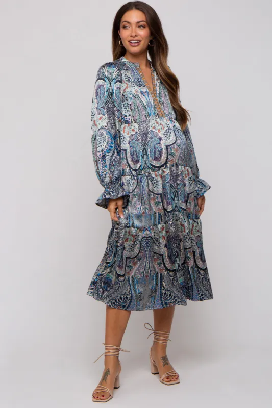 Blue Floral Print Satin Maternity Midi Dress sold by Pinkblush