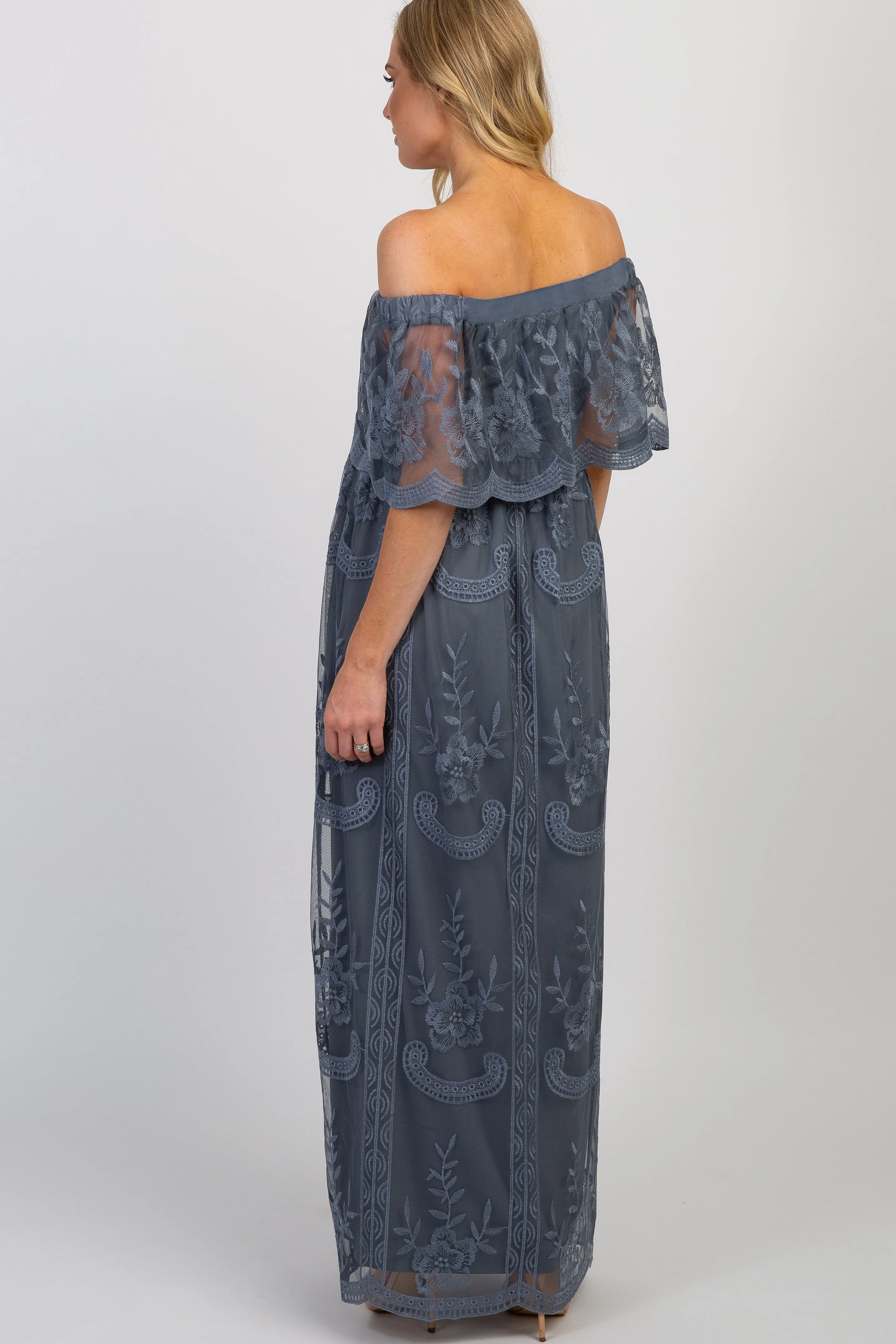 Blue Lace Mesh Overlay Off Shoulder Maternity Maxi Dress sold by Pinkblush product image thumbnail 3