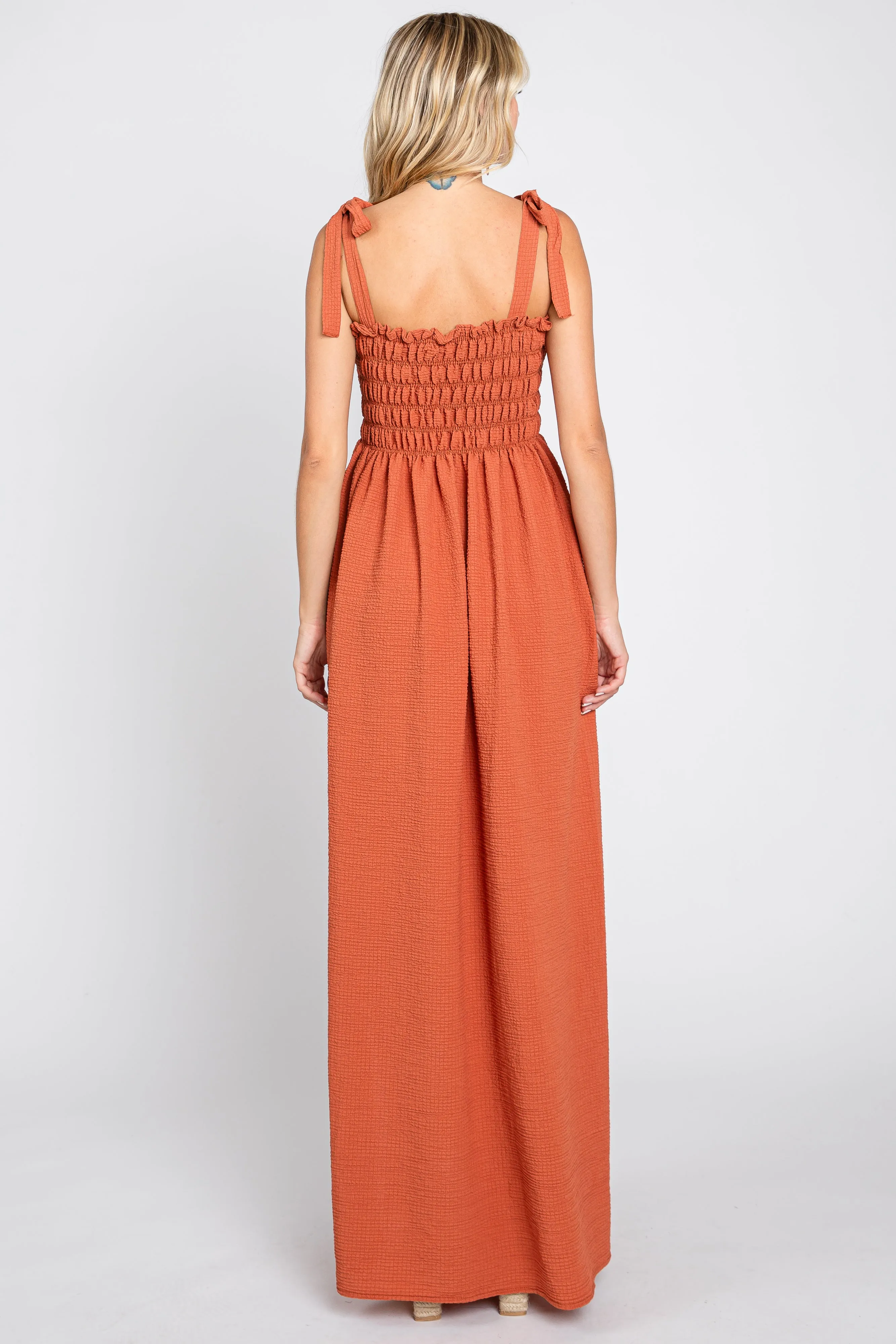 Rust Textured Smocked Shoulder Tie Maxi Dress sold by Pinkblush product image thumbnail 3