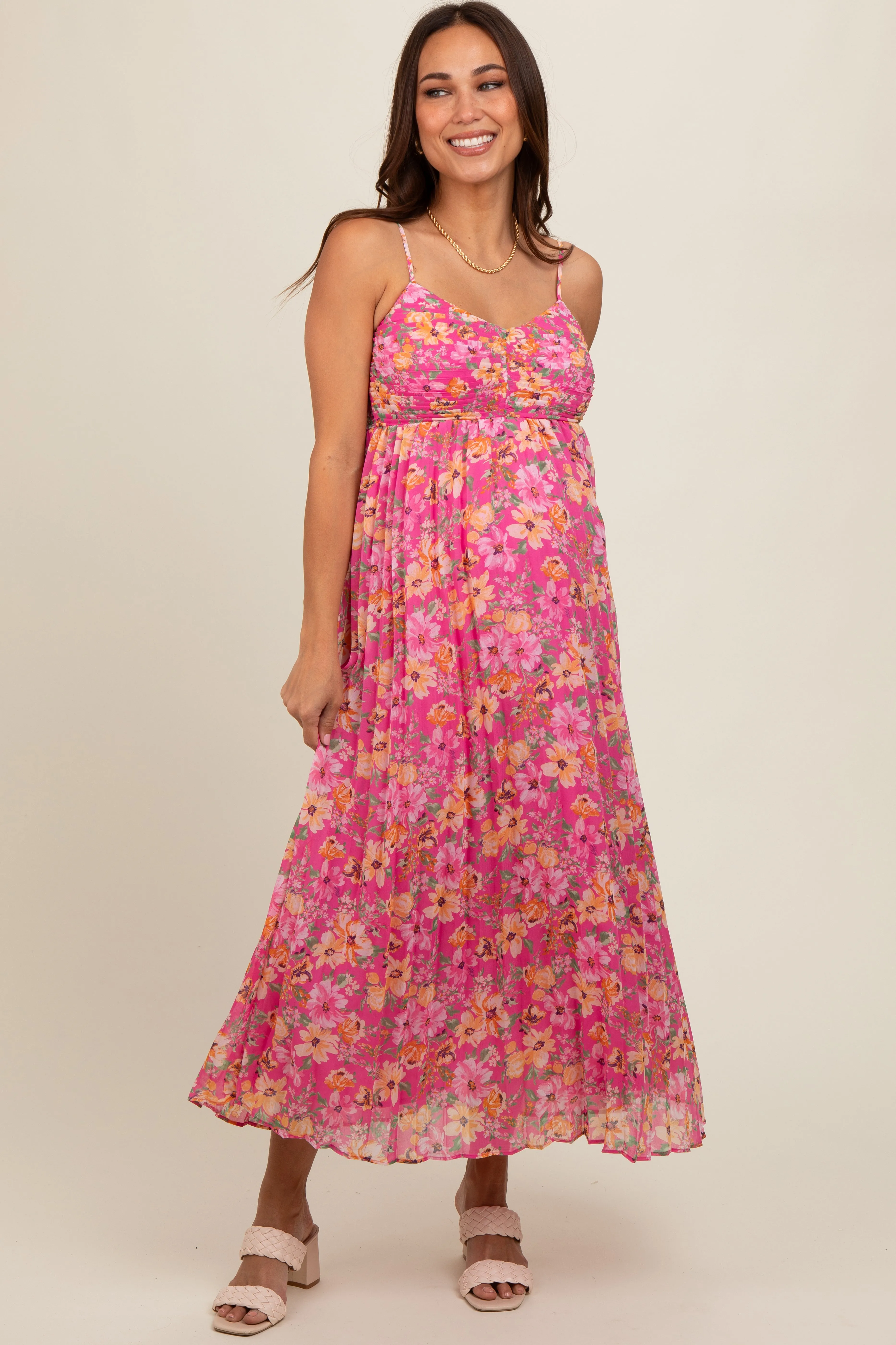Pink Floral Pleated Maternity Maxi Dress sold by Pinkblush
