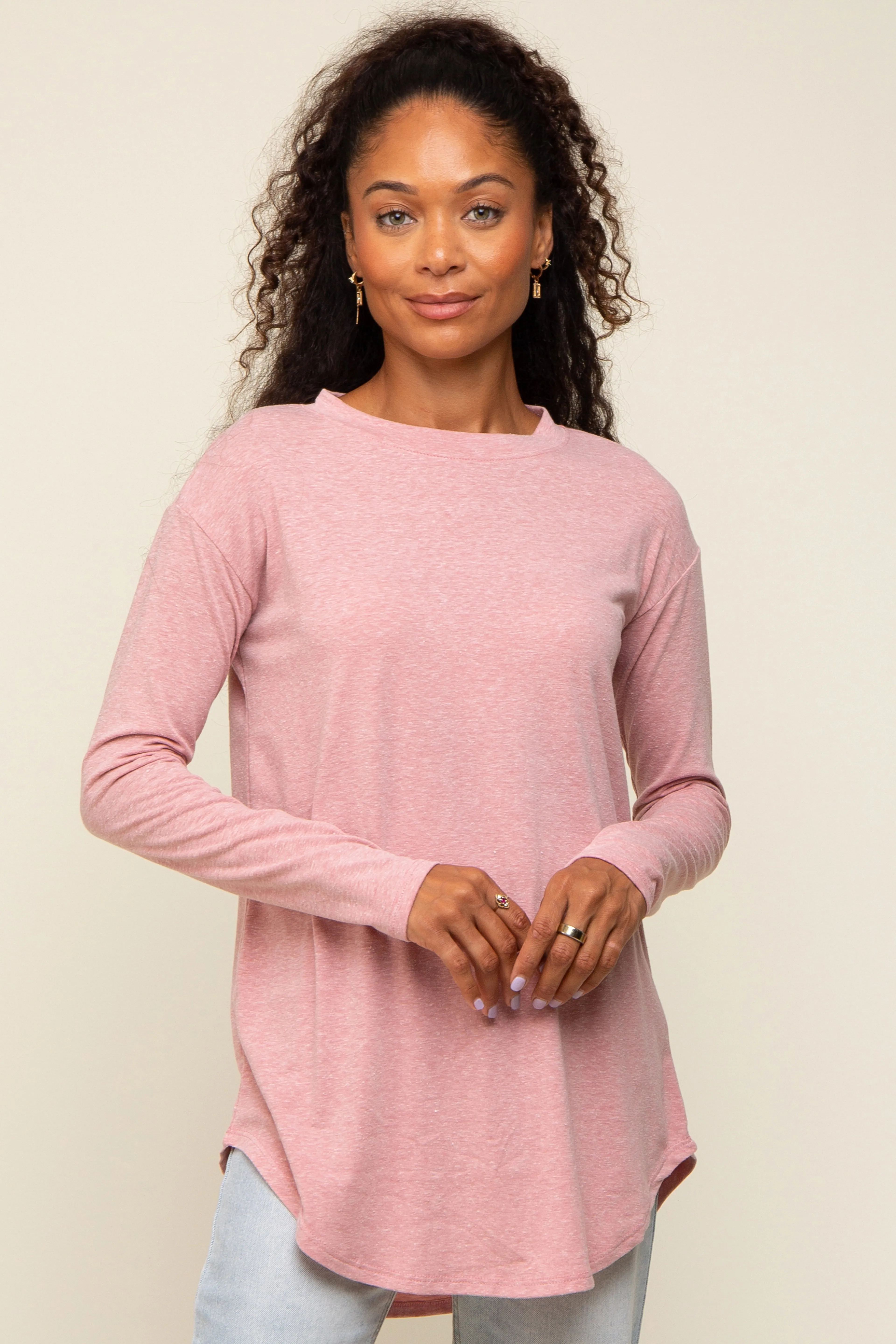 Light Pink Long Sleeve Curved Hem Top sold by Pinkblush
