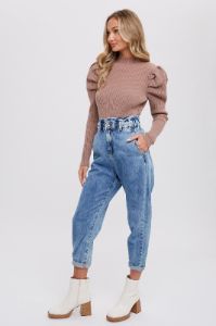 Mocha Puff Sleeves Mock Neck Pullover sold by Pinkblush