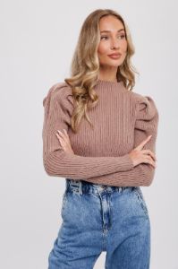 Mocha Puff Sleeves Mock Neck Pullover sold by Pinkblush