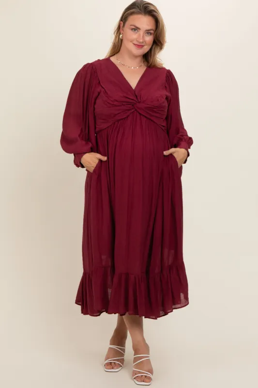 Burgundy Front Twist Maternity Plus Maxi Dress sold by Pinkblush