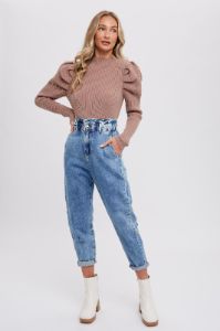 Mocha Puff Sleeves Mock Neck Pullover sold by Pinkblush