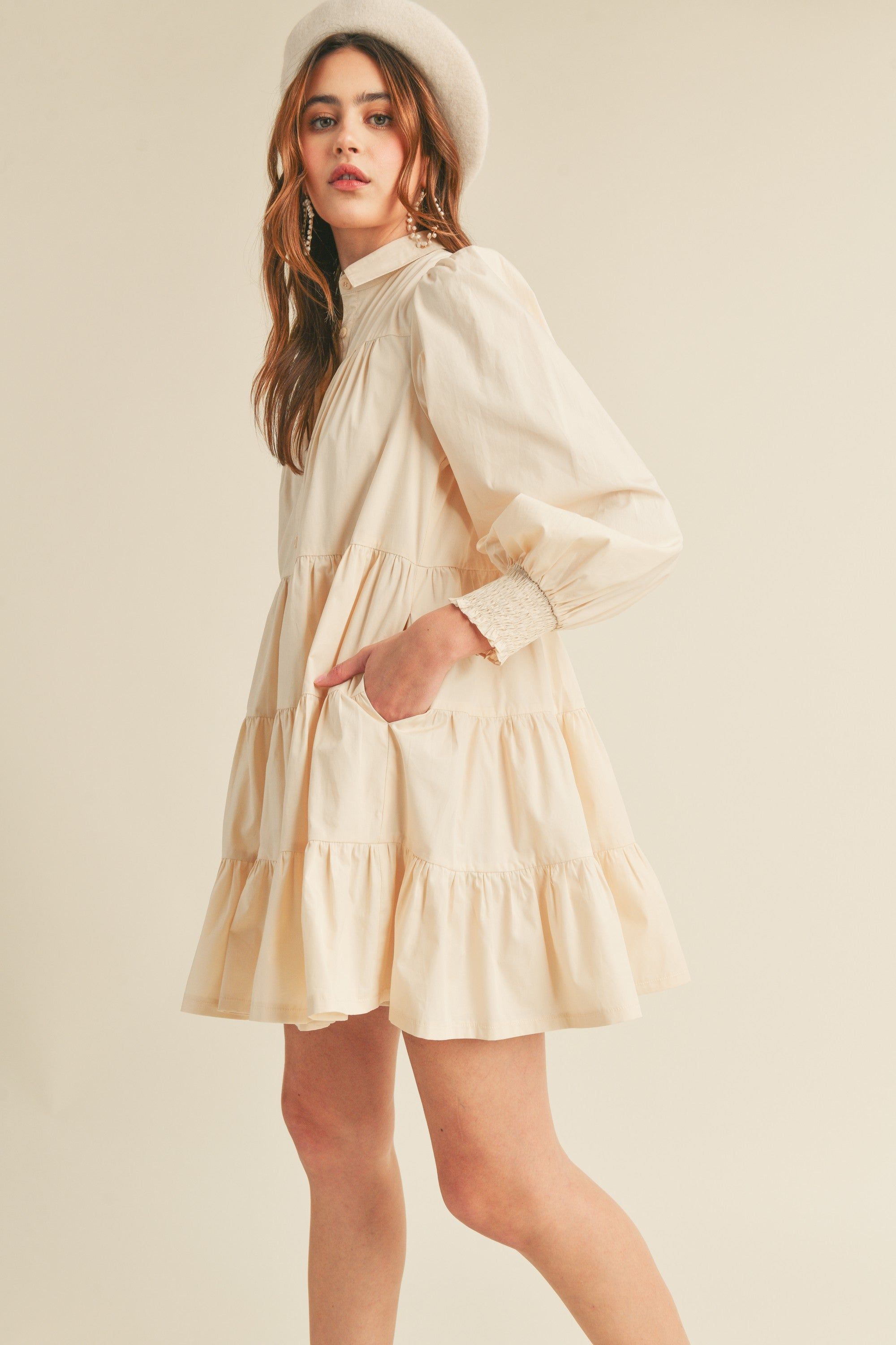 Oat Tiered Button Down Mini Dress sold by Pinkblush product image thumbnail 3
