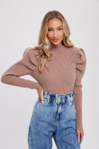 Mocha Puff Sleeves Mock Neck Pullover sold by Pinkblush