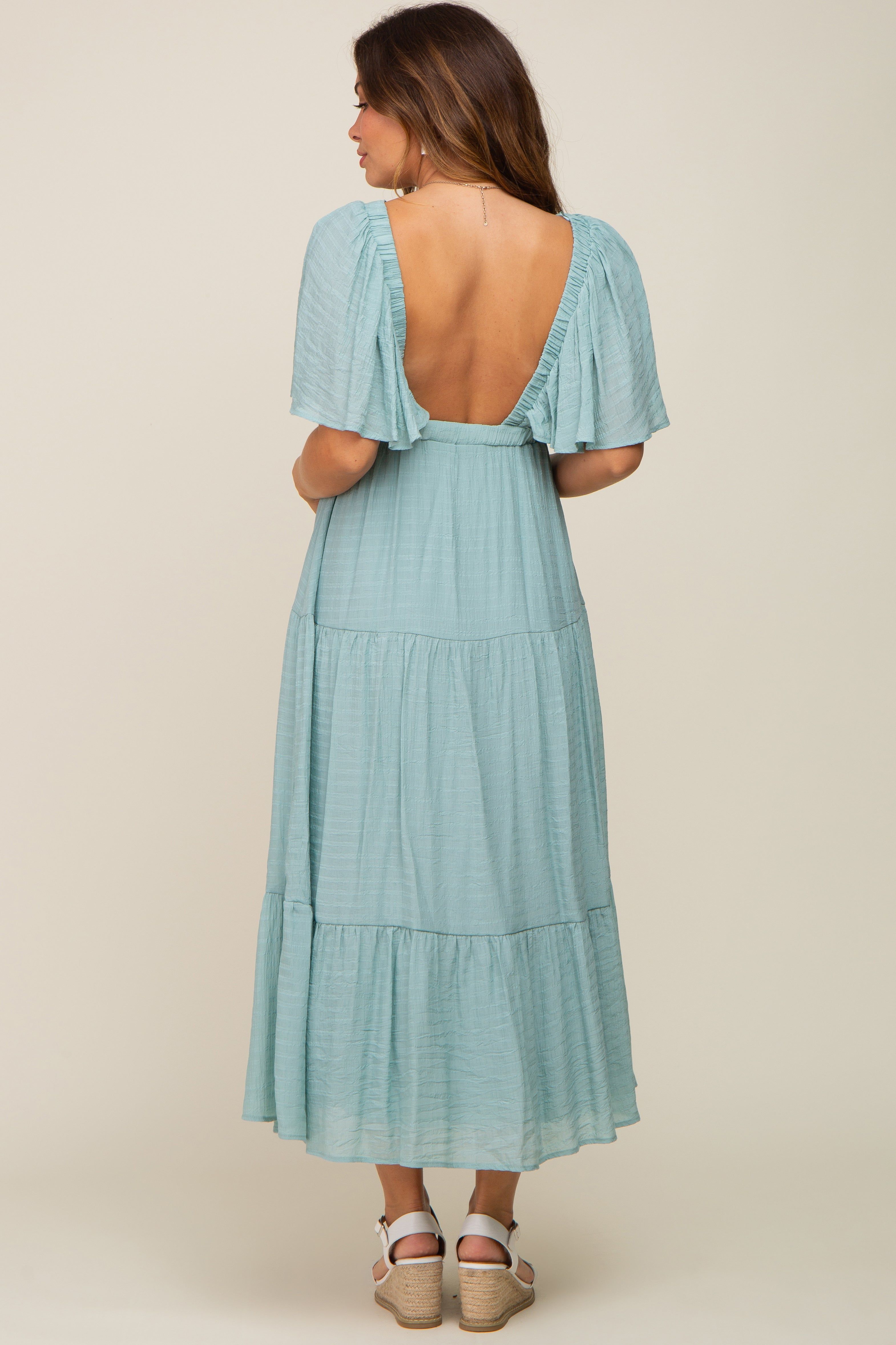 Mint Green Textured Stripe Deep V-Neck Layered Sleeve Maternity Maxi Dress sold by Pinkblush product image thumbnail 4