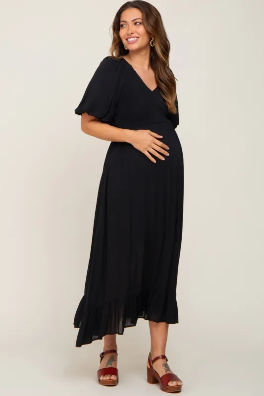 Black Smocked Puff Sleeve Maternity Midi Dress sold by Pinkblush