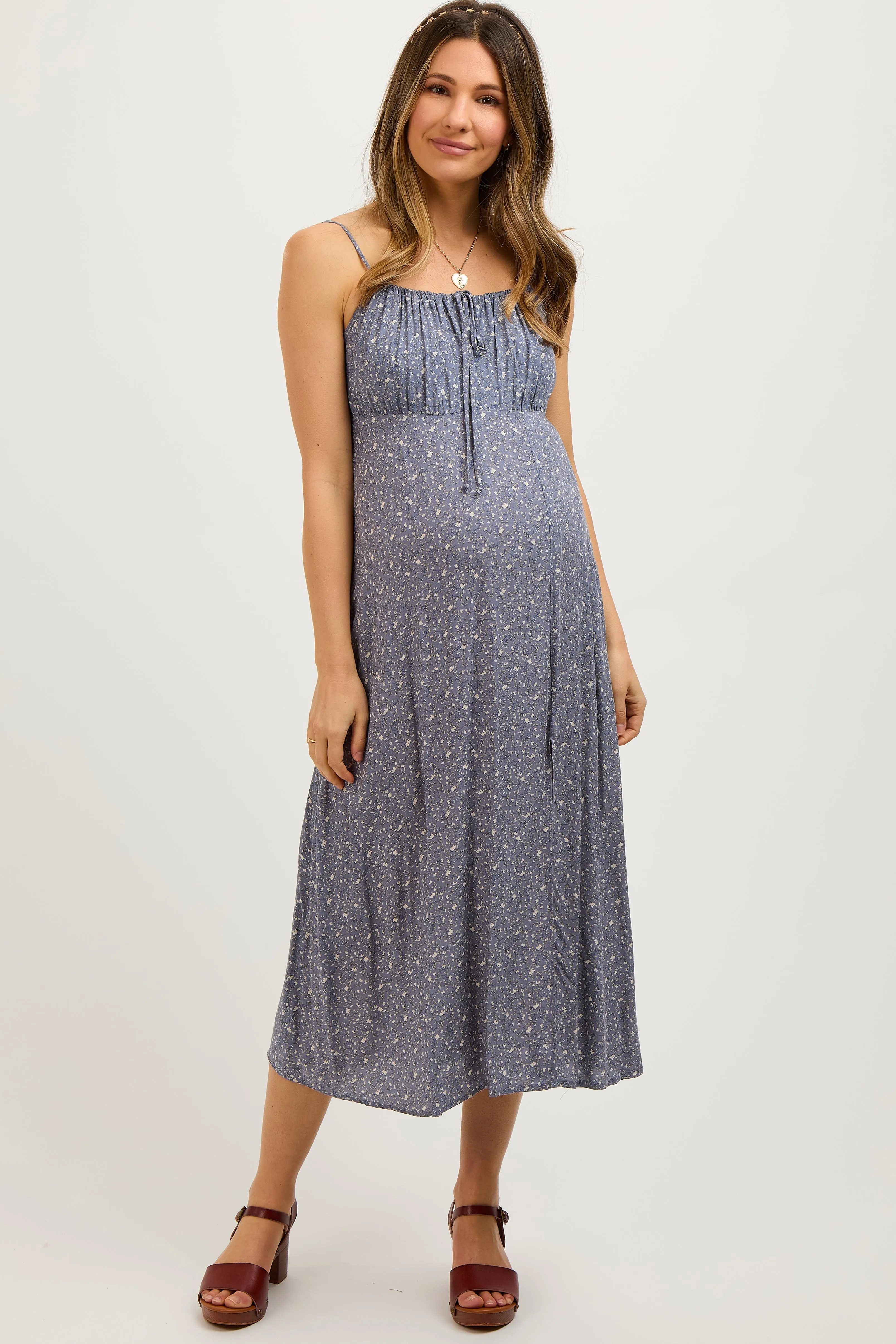 Blue Ditsy Floral Side Slit Maternity Midi Dress sold by Pinkblush product image thumbnail 2
