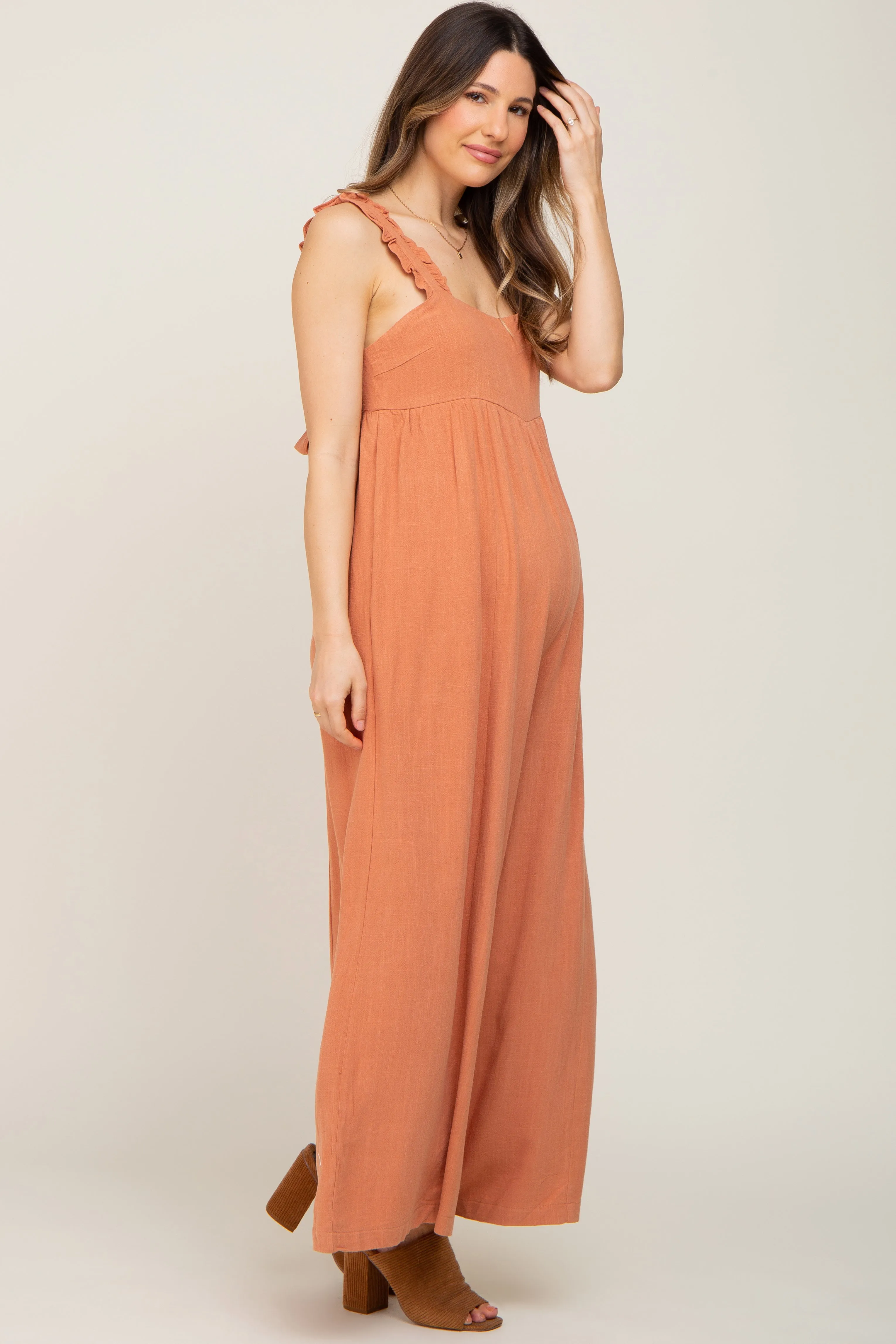 Rust Ruffle Trim Back Tie Maternity Jumpsuit sold by Pinkblush product image thumbnail 2