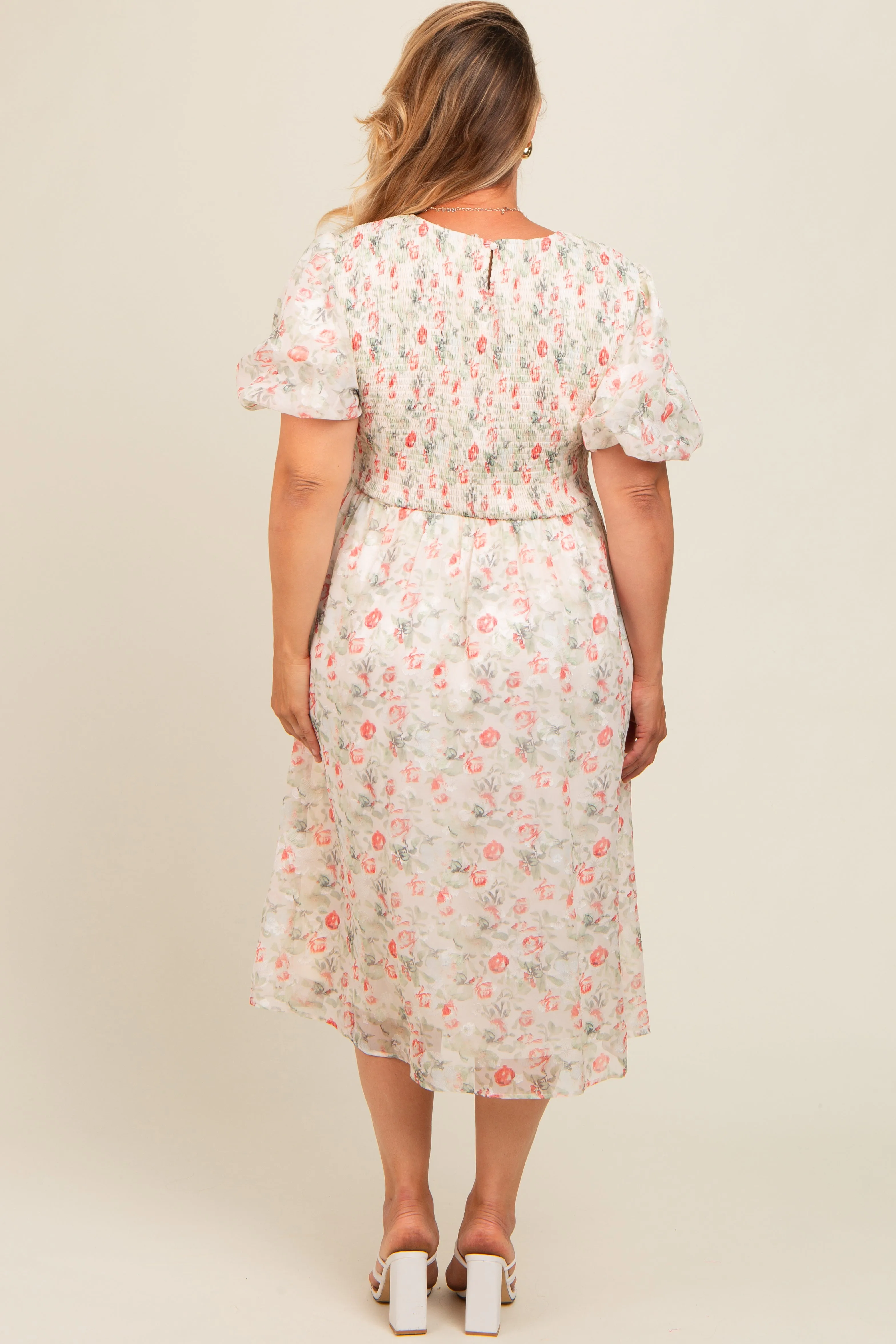 Cream Floral Smocked Puff Sleeve Maternity Plus Midi Dress sold by Pinkblush product image thumbnail 3