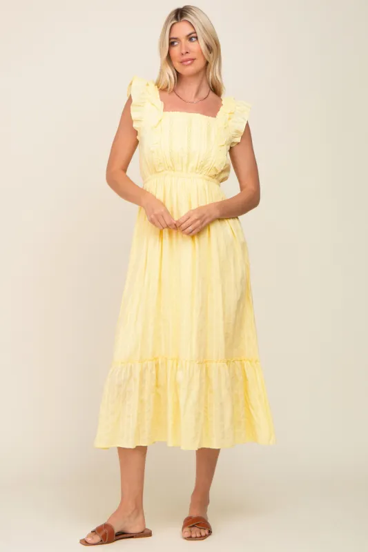 Yellow Lace Pleated Midi Dress sold by Pinkblush