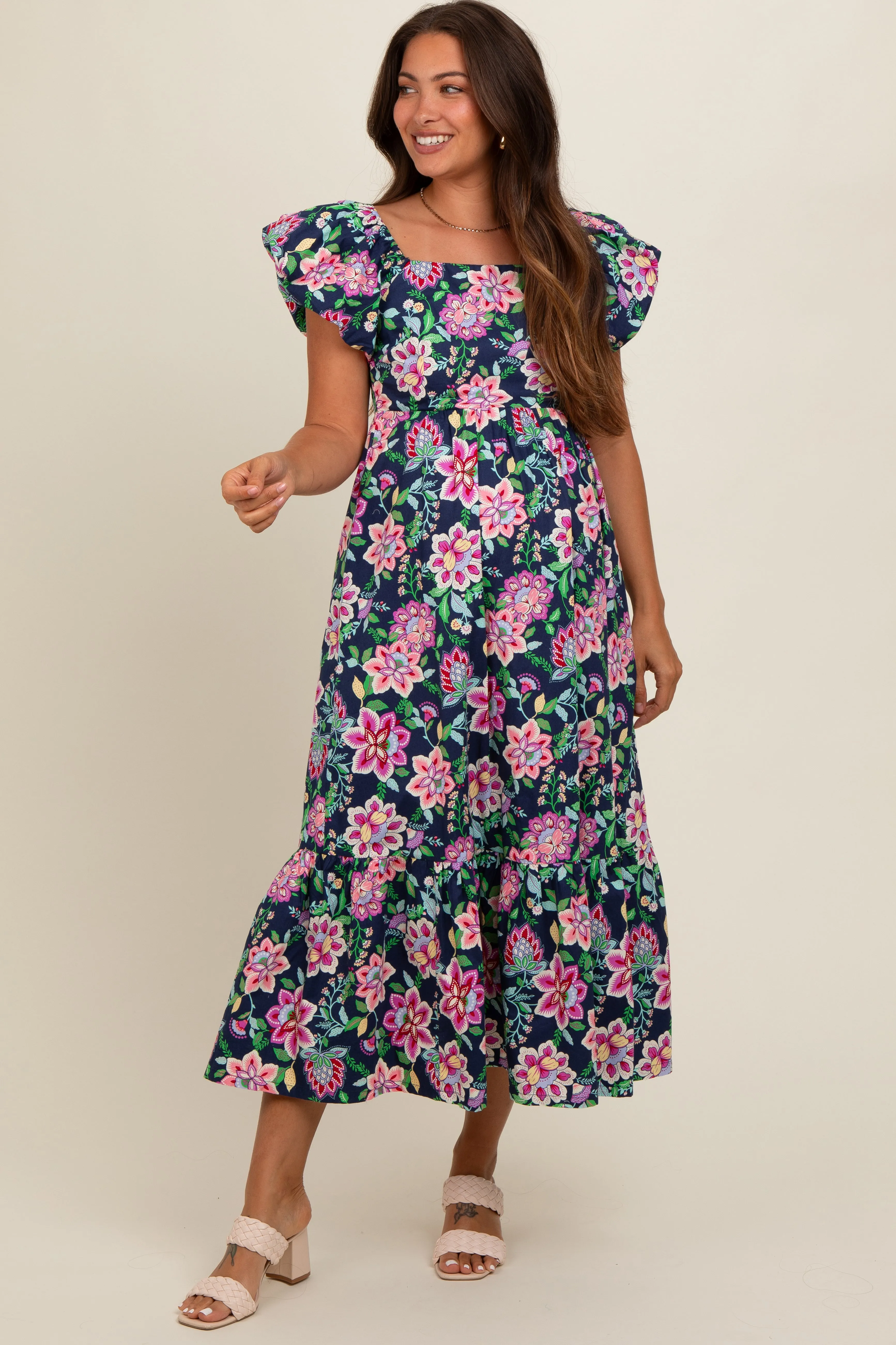Navy Blue Floral Square Neck Puffy Sleeves Maternity Dress sold by Pinkblush
