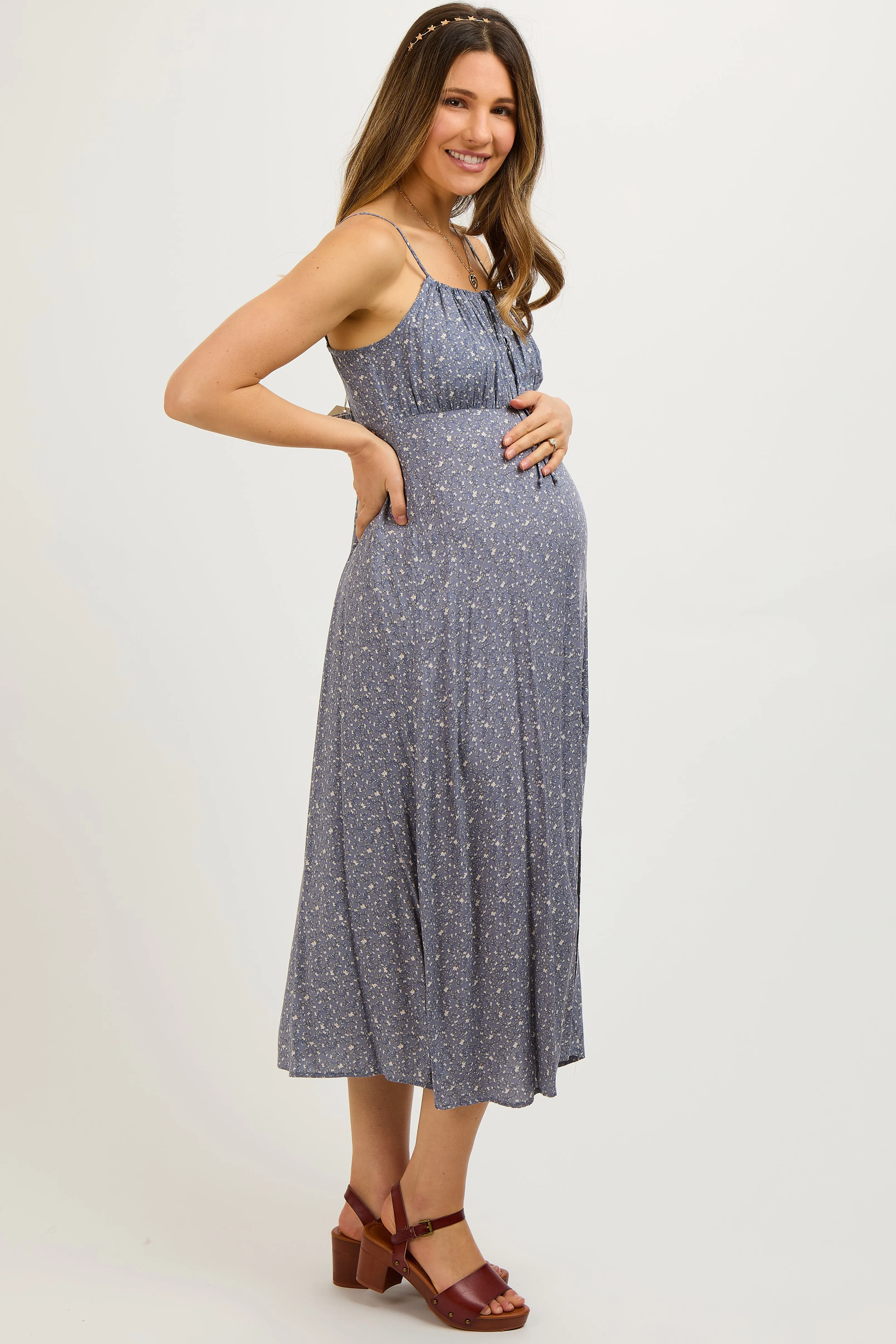 Blue Ditsy Floral Side Slit Maternity Midi Dress sold by Pinkblush product image thumbnail 3
